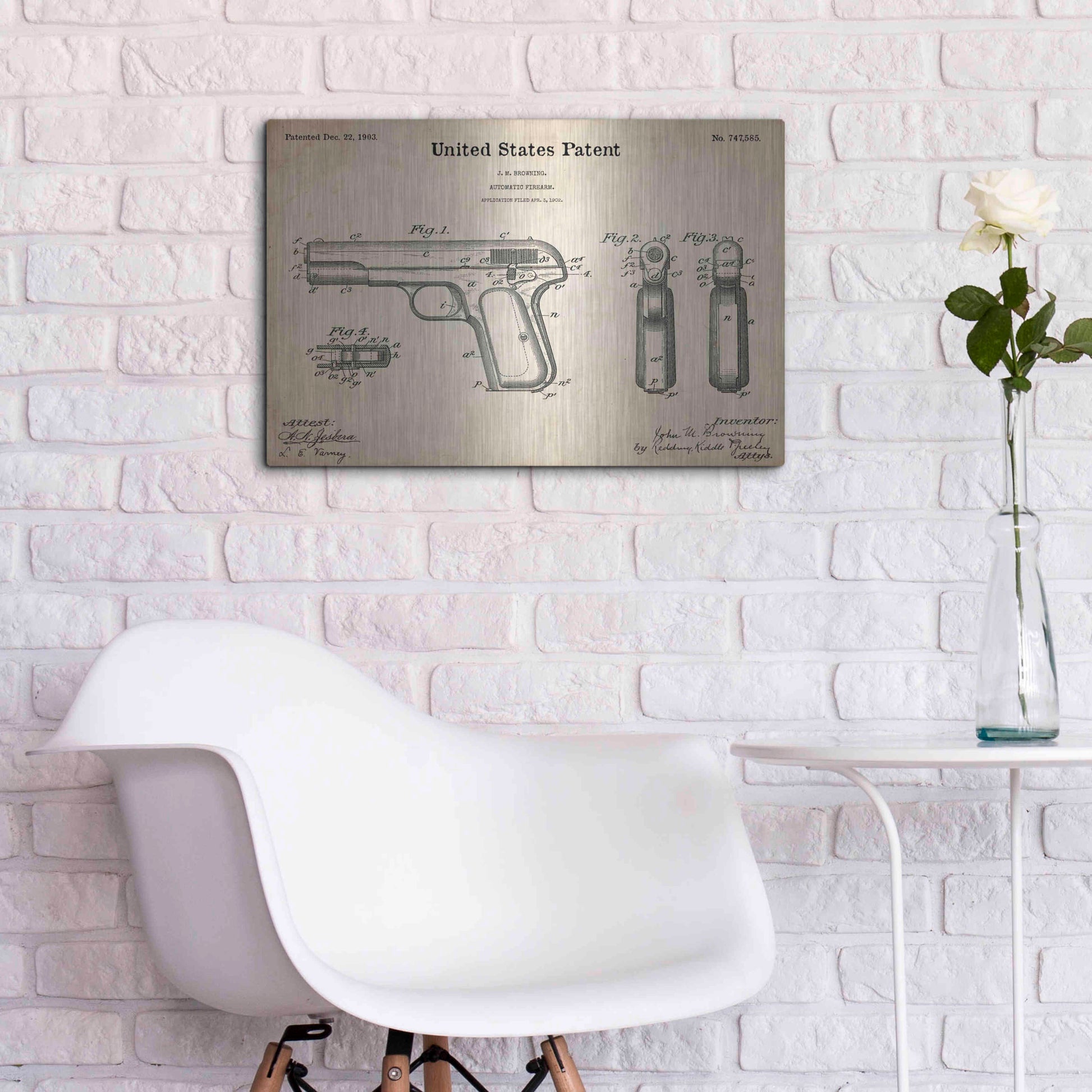 Luxe Metal Art 'Pistol Blueprint Patent Parchment,' Metal Wall Art,24x16