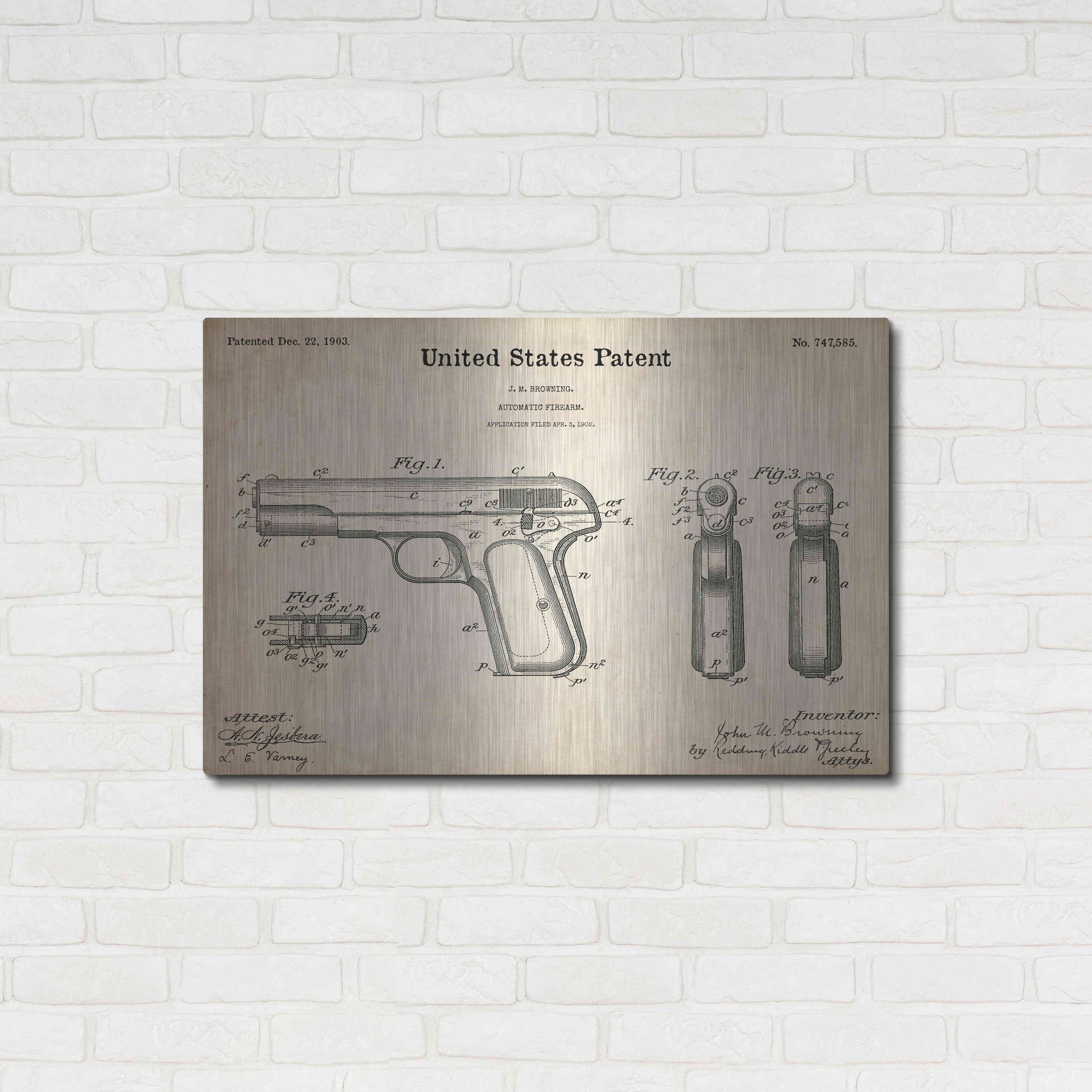 Luxe Metal Art 'Pistol Blueprint Patent Parchment,' Metal Wall Art,36x24