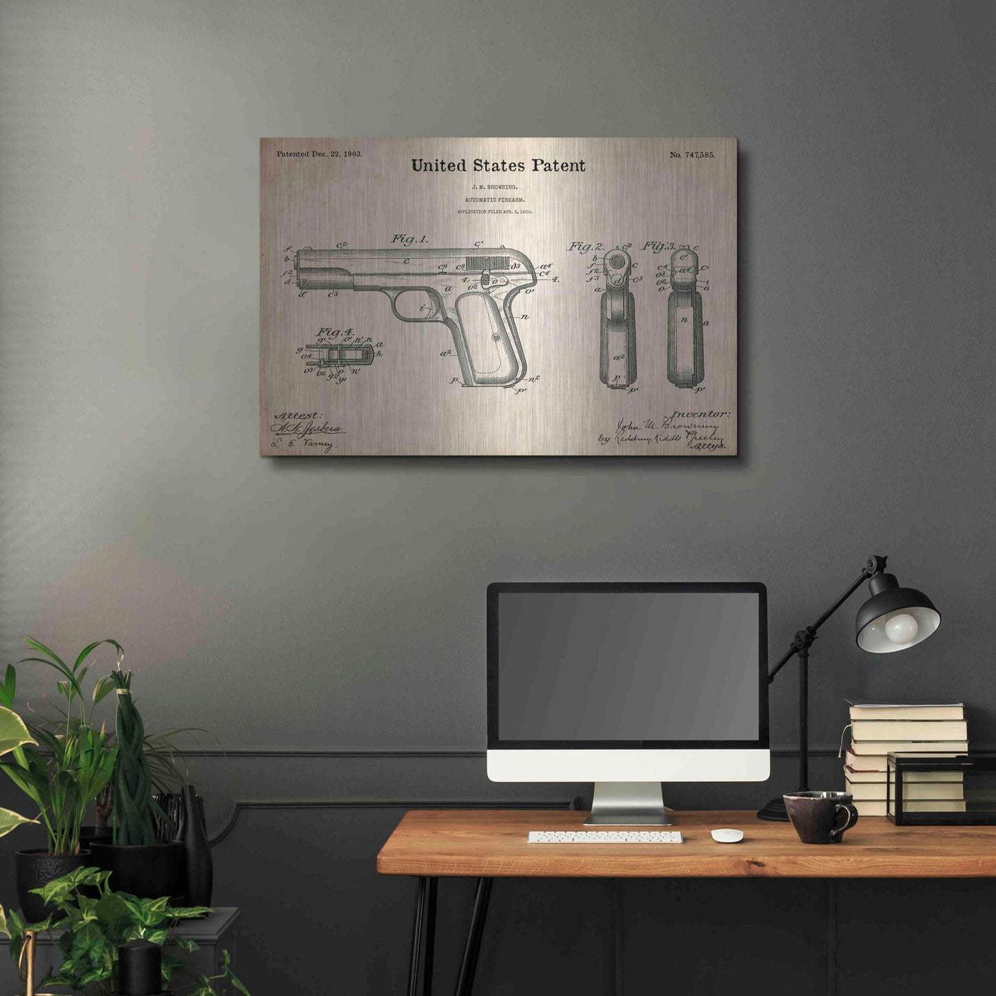 Luxe Metal Art 'Pistol Blueprint Patent Parchment,' Metal Wall Art,36x24