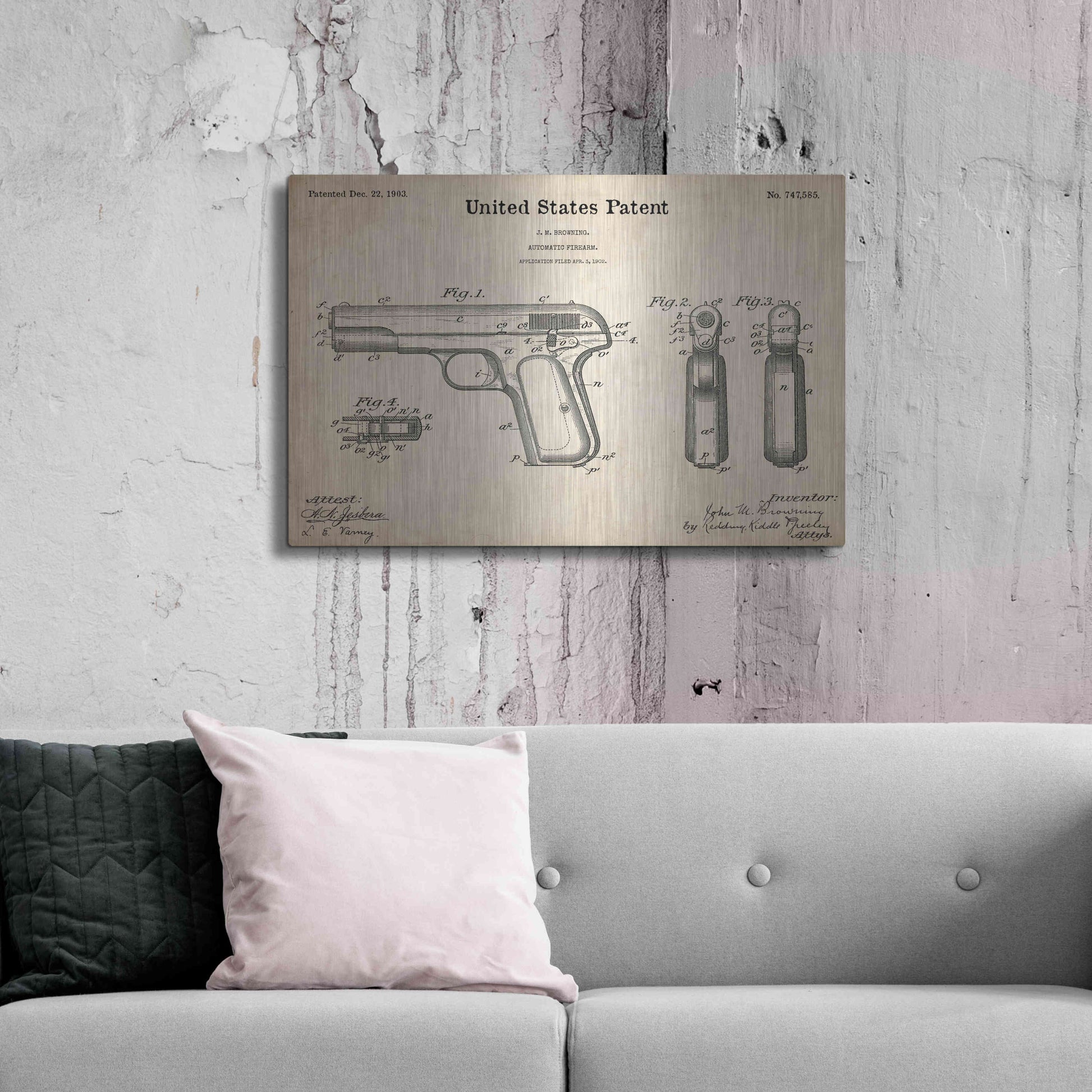 Luxe Metal Art 'Pistol Blueprint Patent Parchment,' Metal Wall Art,36x24