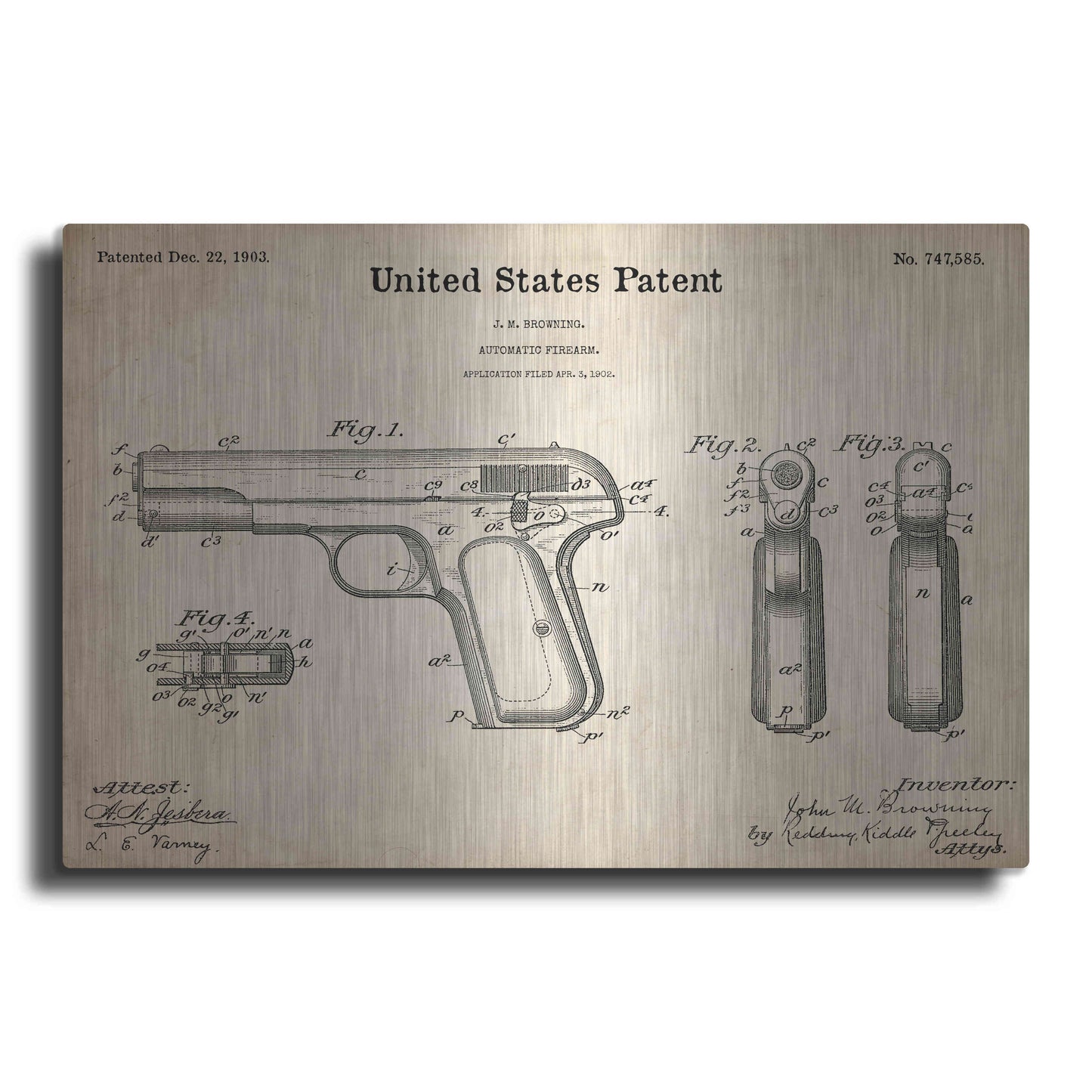 Luxe Metal Art 'Pistol Blueprint Patent Parchment,' Metal Wall Art