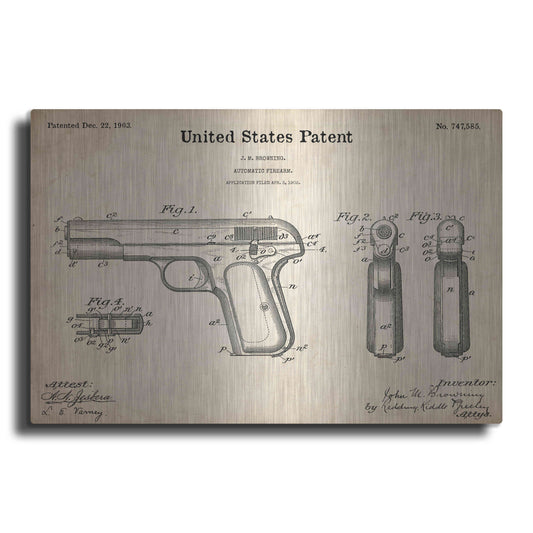 Luxe Metal Art 'Pistol Blueprint Patent Parchment,' Metal Wall Art