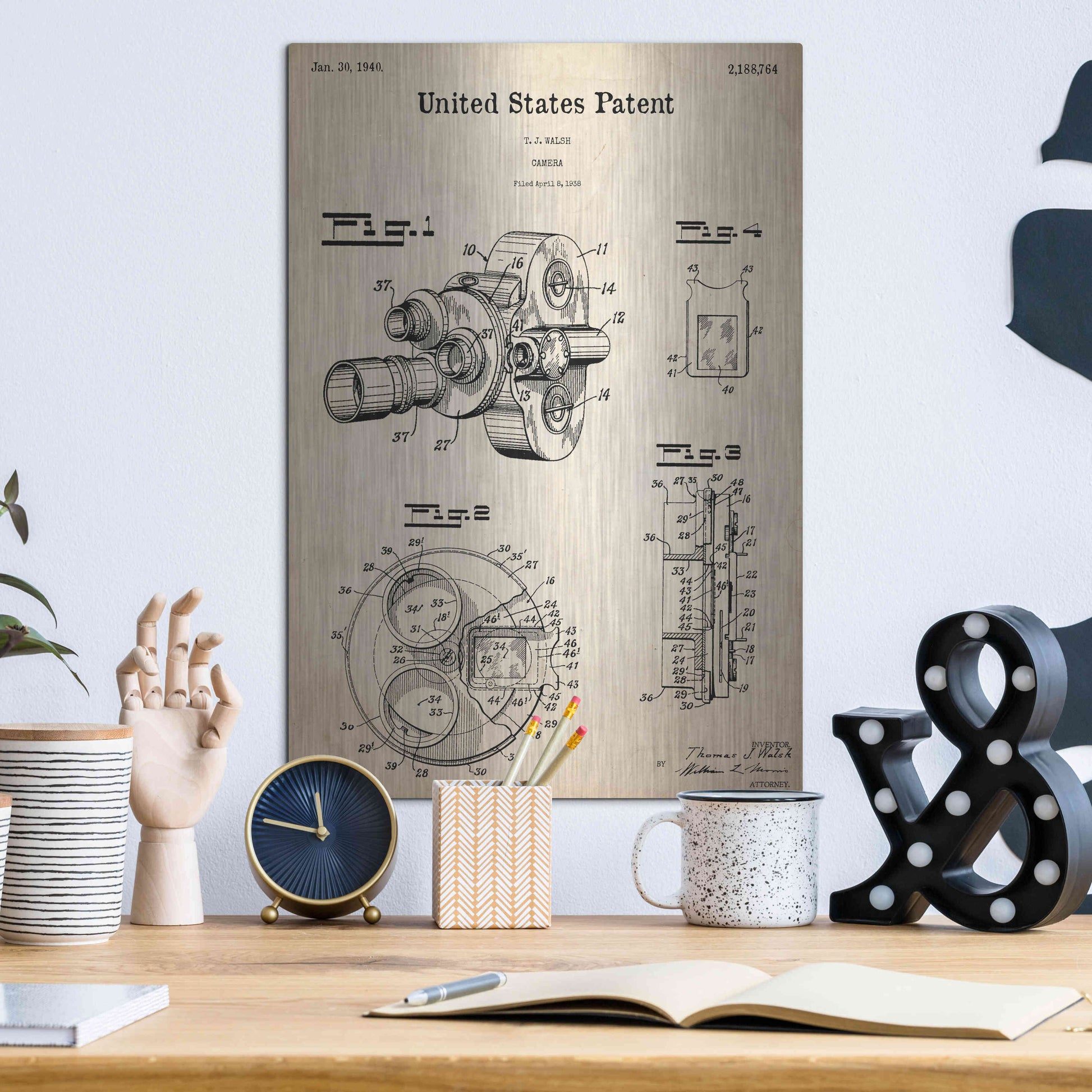 Luxe Metal Art 'Film Camera Blueprint Patent Parchment,' Metal Wall Art,12x16