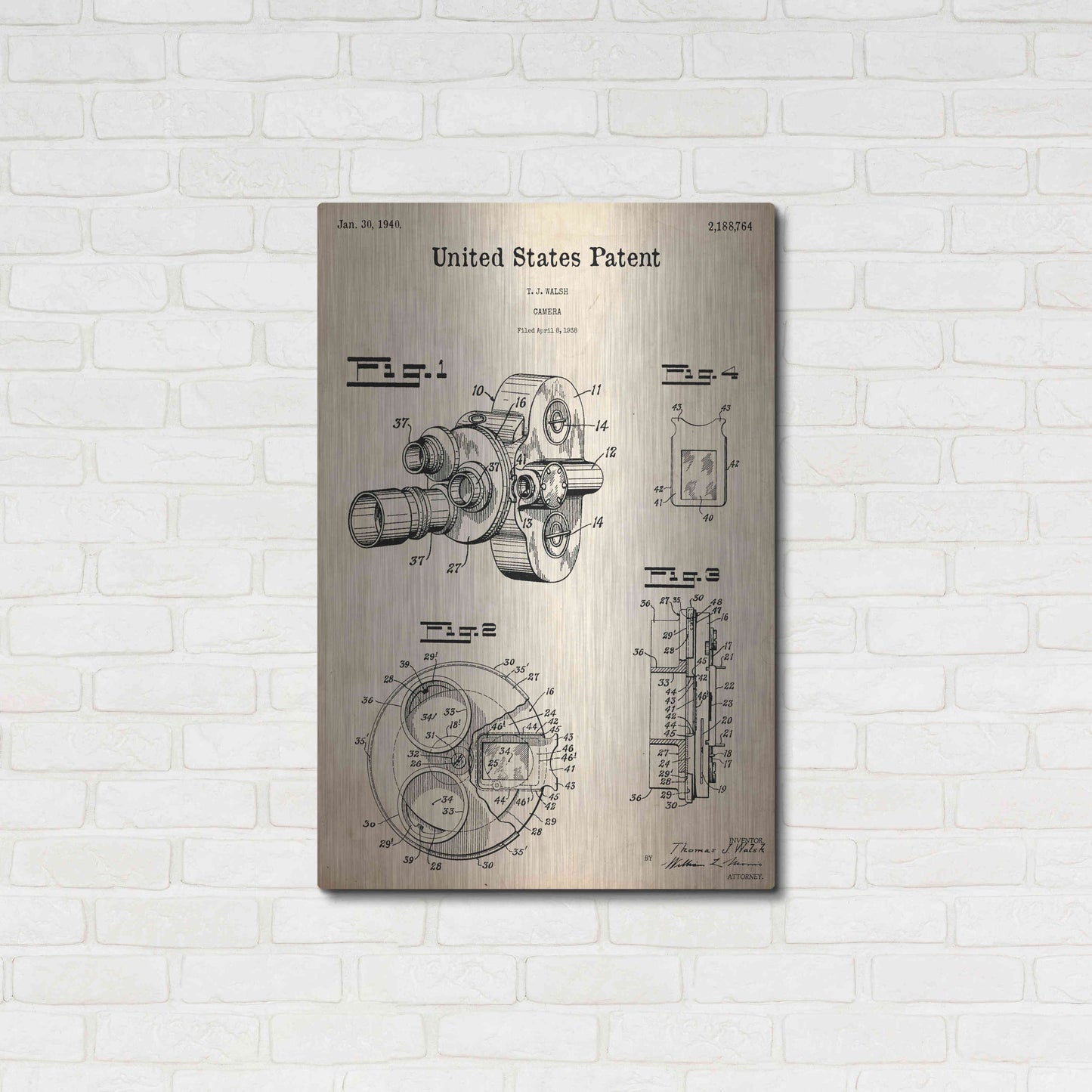 Luxe Metal Art 'Film Camera Blueprint Patent Parchment,' Metal Wall Art,24x36