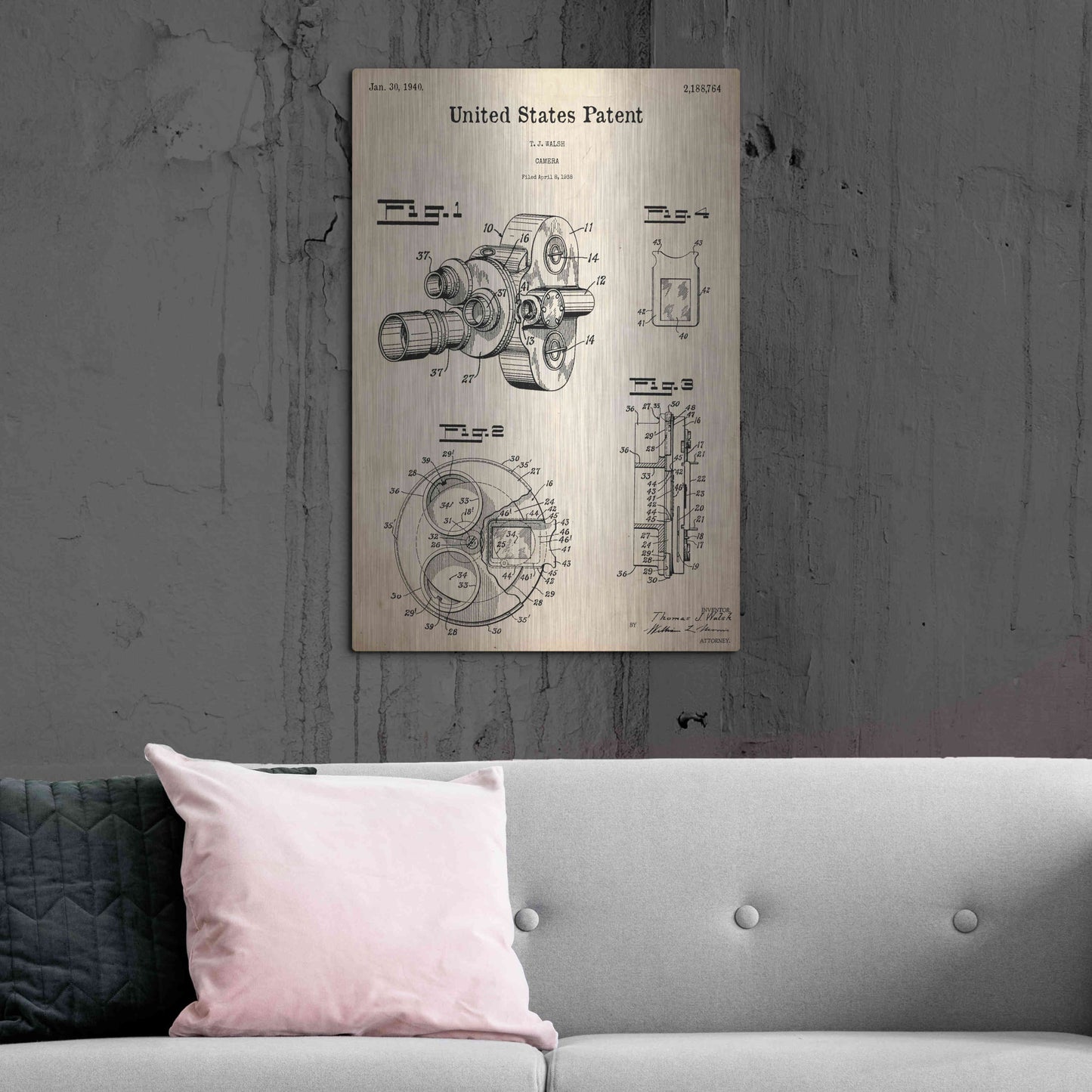 Luxe Metal Art 'Film Camera Blueprint Patent Parchment,' Metal Wall Art,24x36