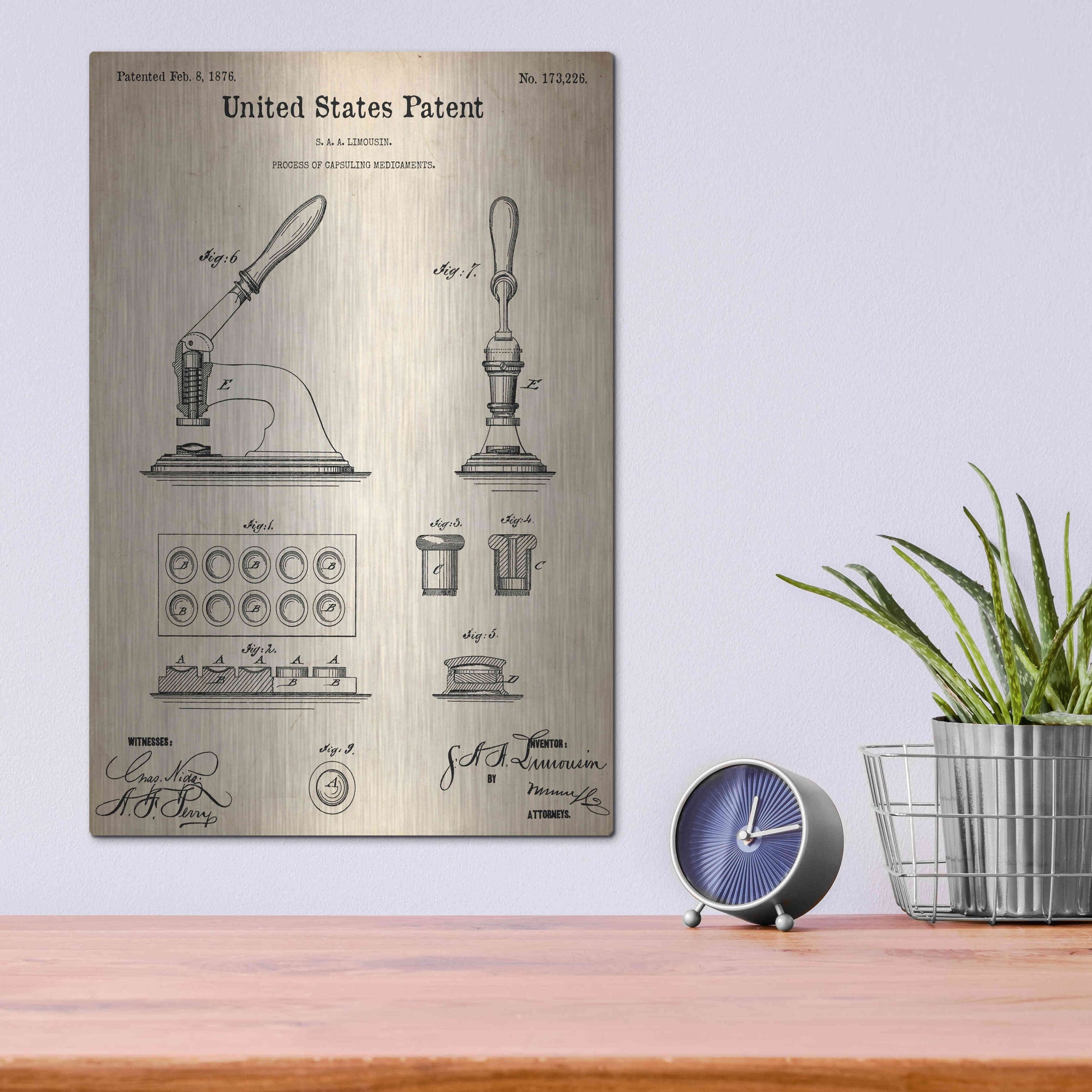 Luxe Metal Art 'Capsuling Medicine Blueprint Patent Parchment,' Metal Wall Art,12x16