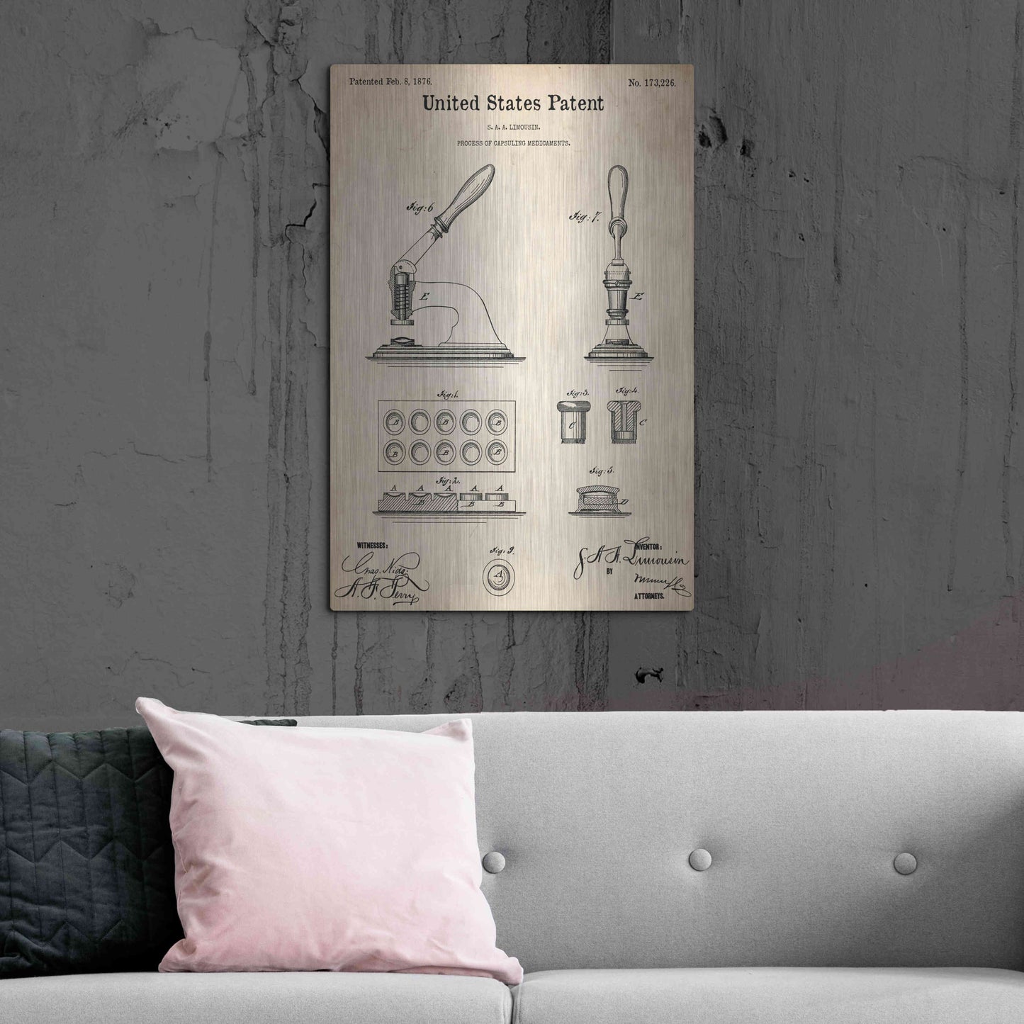 Luxe Metal Art 'Capsuling Medicine Blueprint Patent Parchment,' Metal Wall Art,24x36