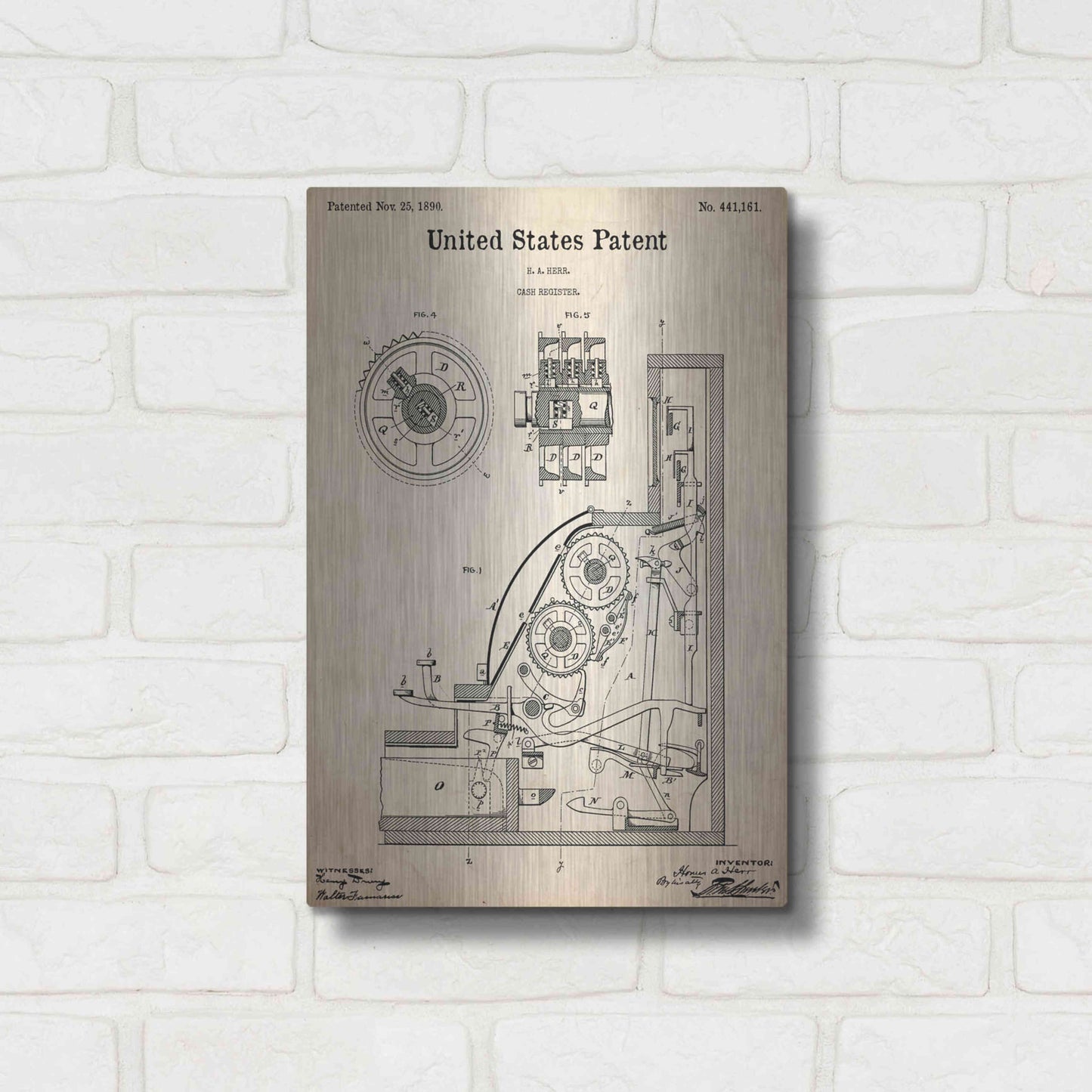 Luxe Metal Art 'Cash Register Blueprint Patent Parchment,' Metal Wall Art,12x16