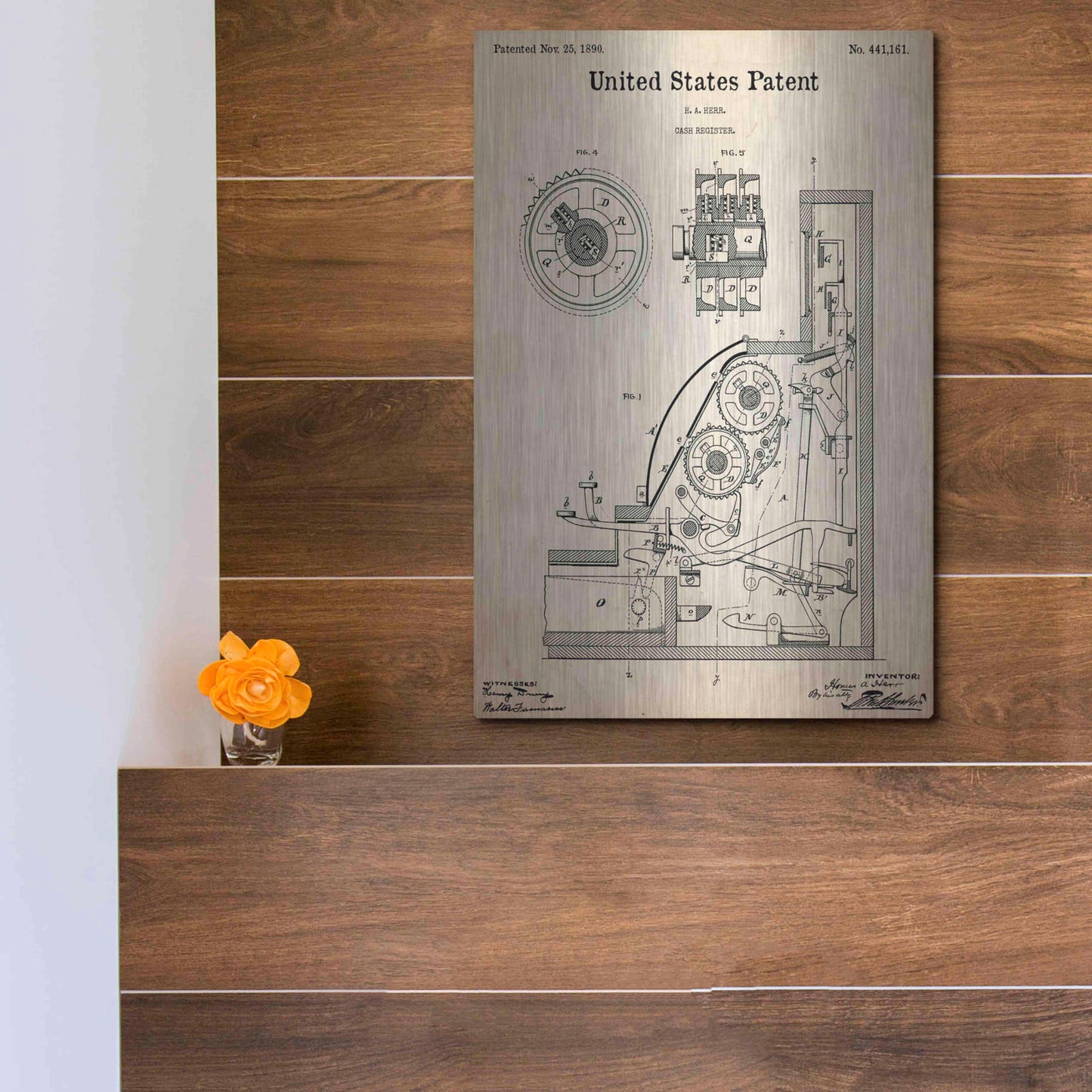 Luxe Metal Art 'Cash Register Blueprint Patent Parchment,' Metal Wall Art,12x16