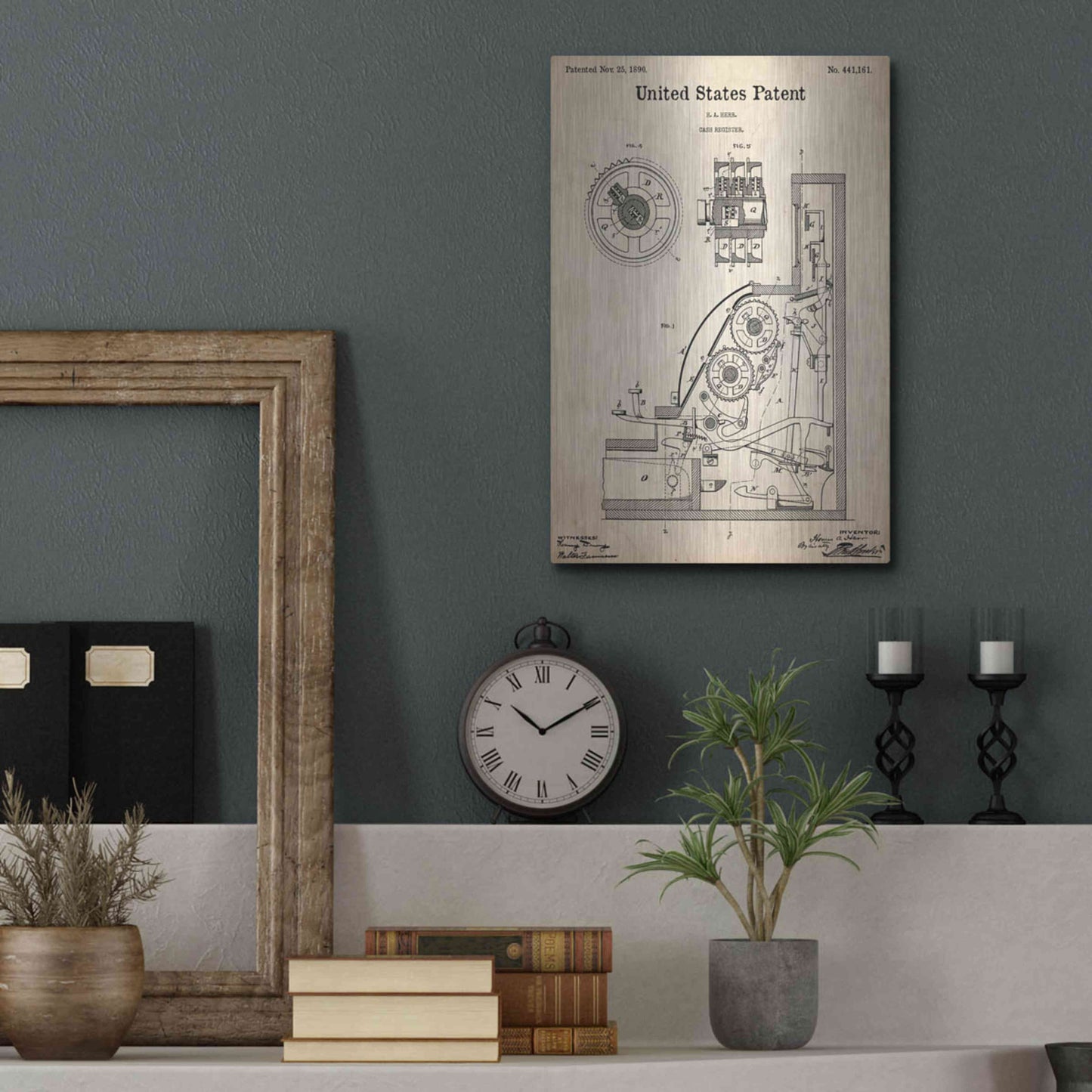 Luxe Metal Art 'Cash Register Blueprint Patent Parchment,' Metal Wall Art,12x16