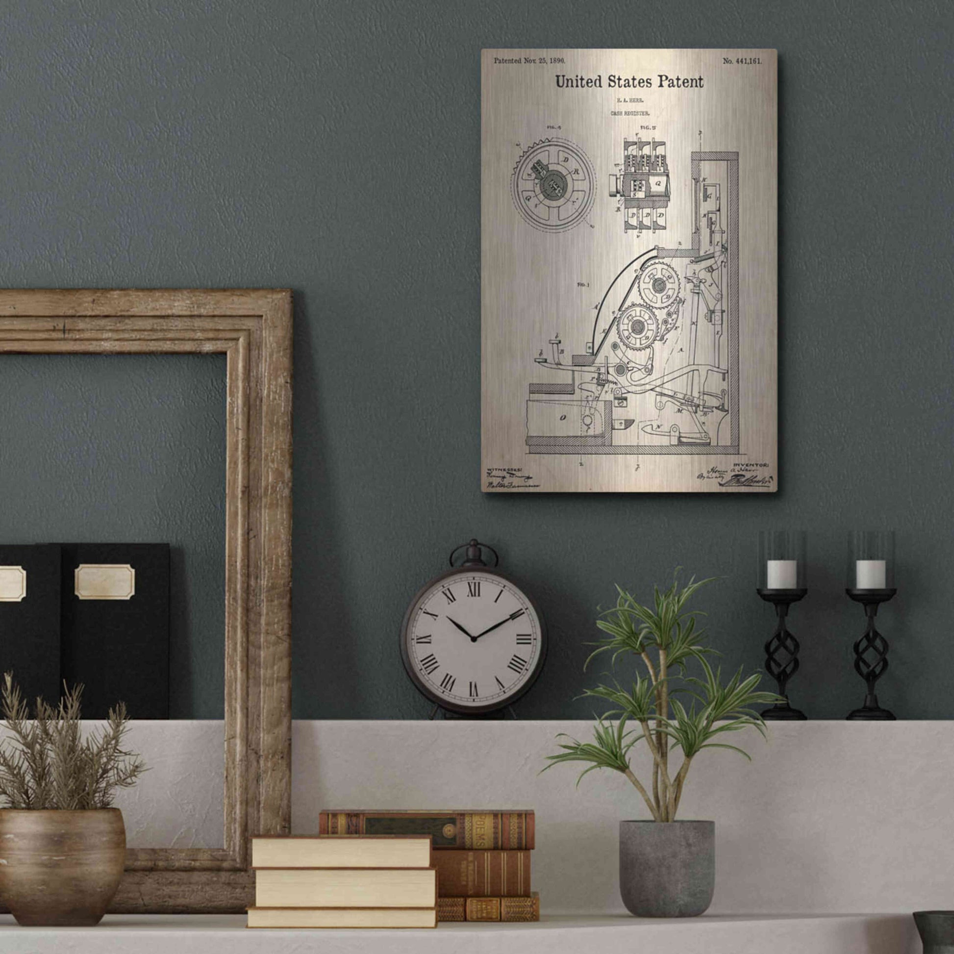 Luxe Metal Art 'Cash Register Blueprint Patent Parchment,' Metal Wall Art,12x16