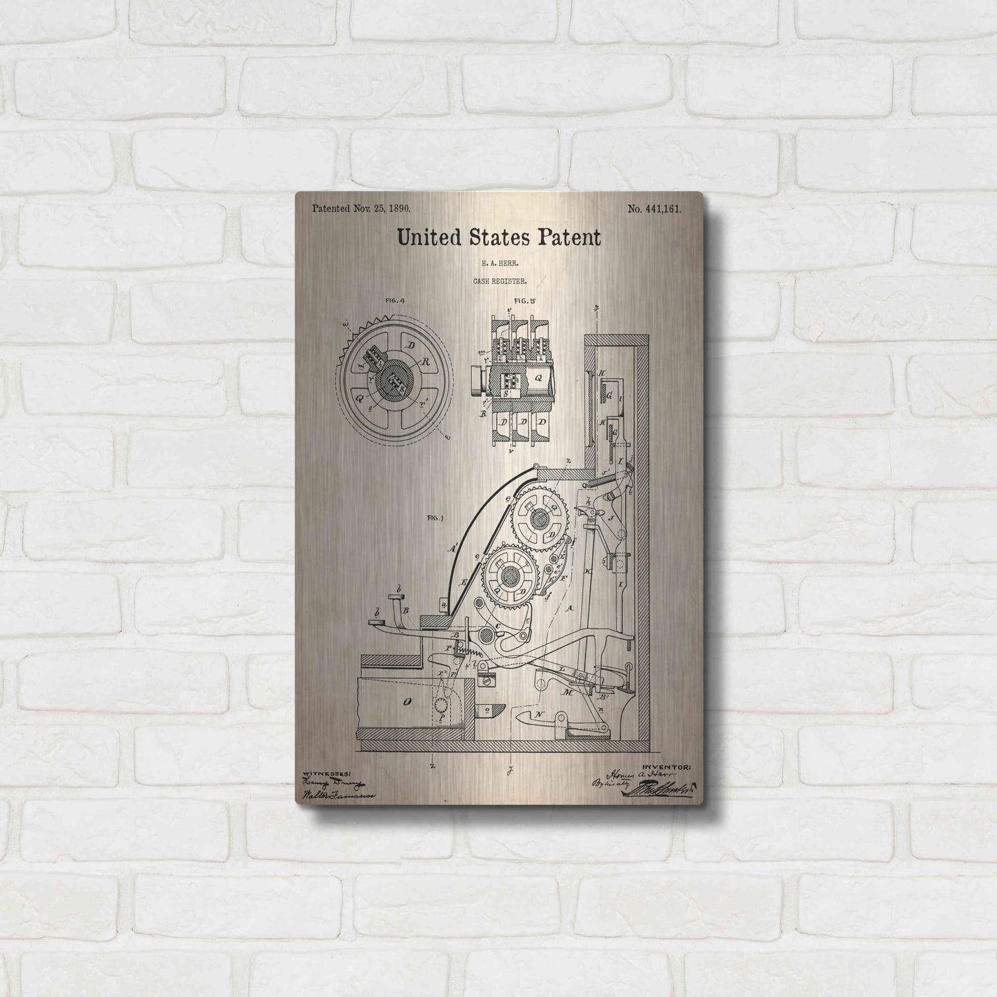 Luxe Metal Art 'Cash Register Blueprint Patent Parchment,' Metal Wall Art,16x24