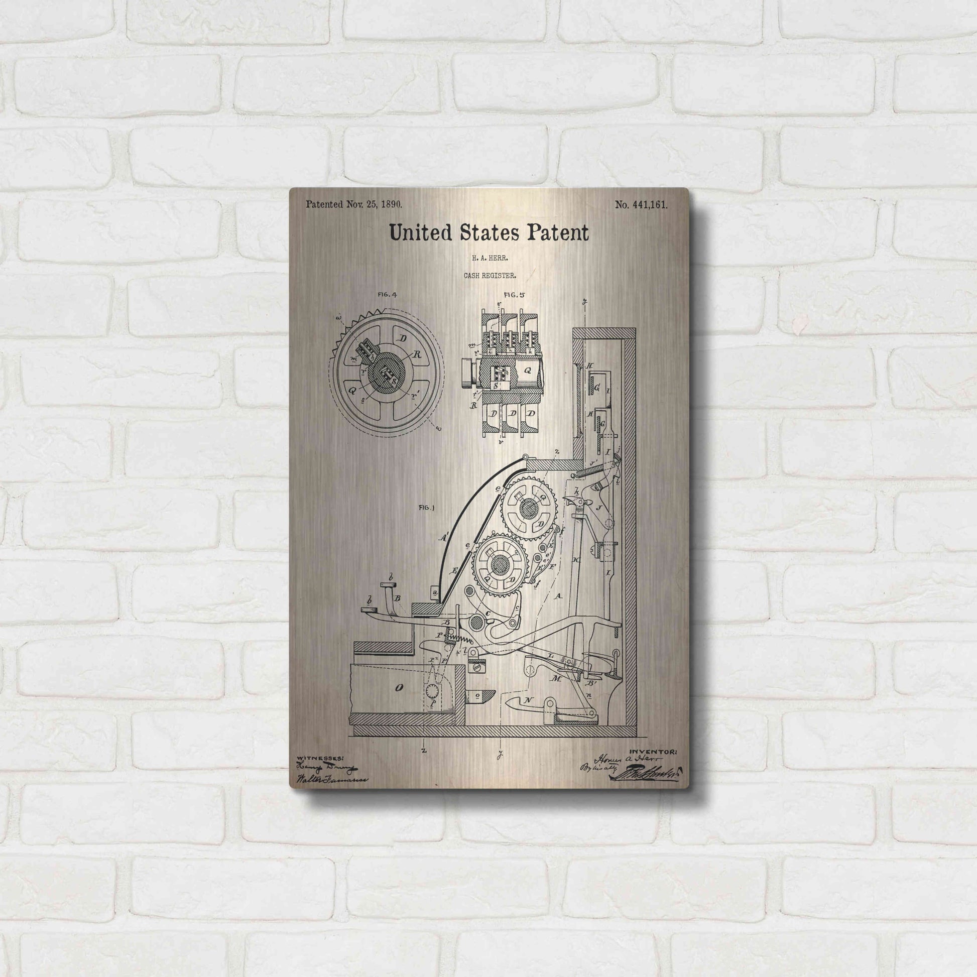 Luxe Metal Art 'Cash Register Blueprint Patent Parchment,' Metal Wall Art,16x24