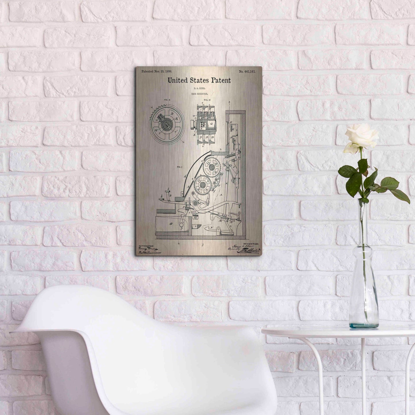 Luxe Metal Art 'Cash Register Blueprint Patent Parchment,' Metal Wall Art,16x24