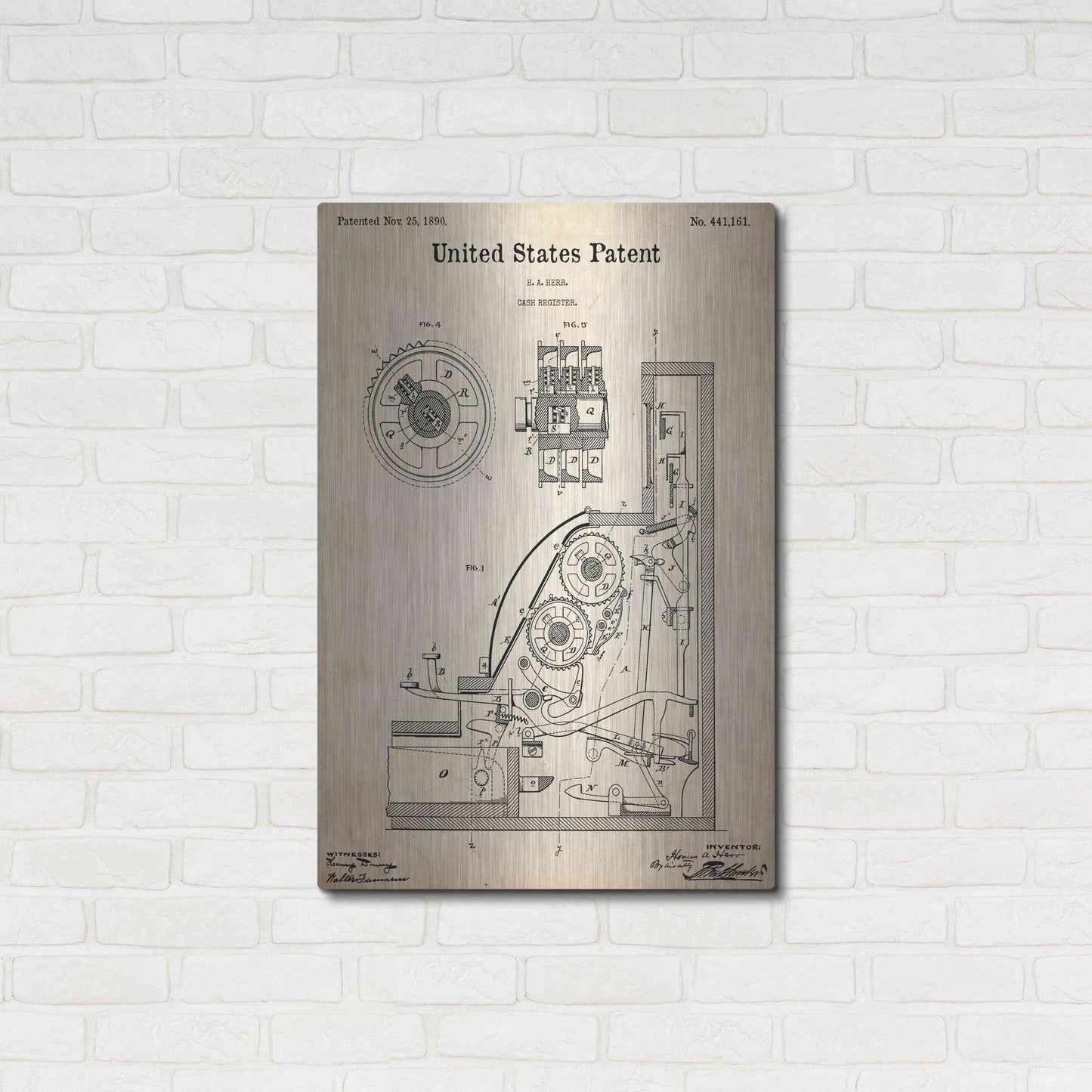 Luxe Metal Art 'Cash Register Blueprint Patent Parchment,' Metal Wall Art,24x36