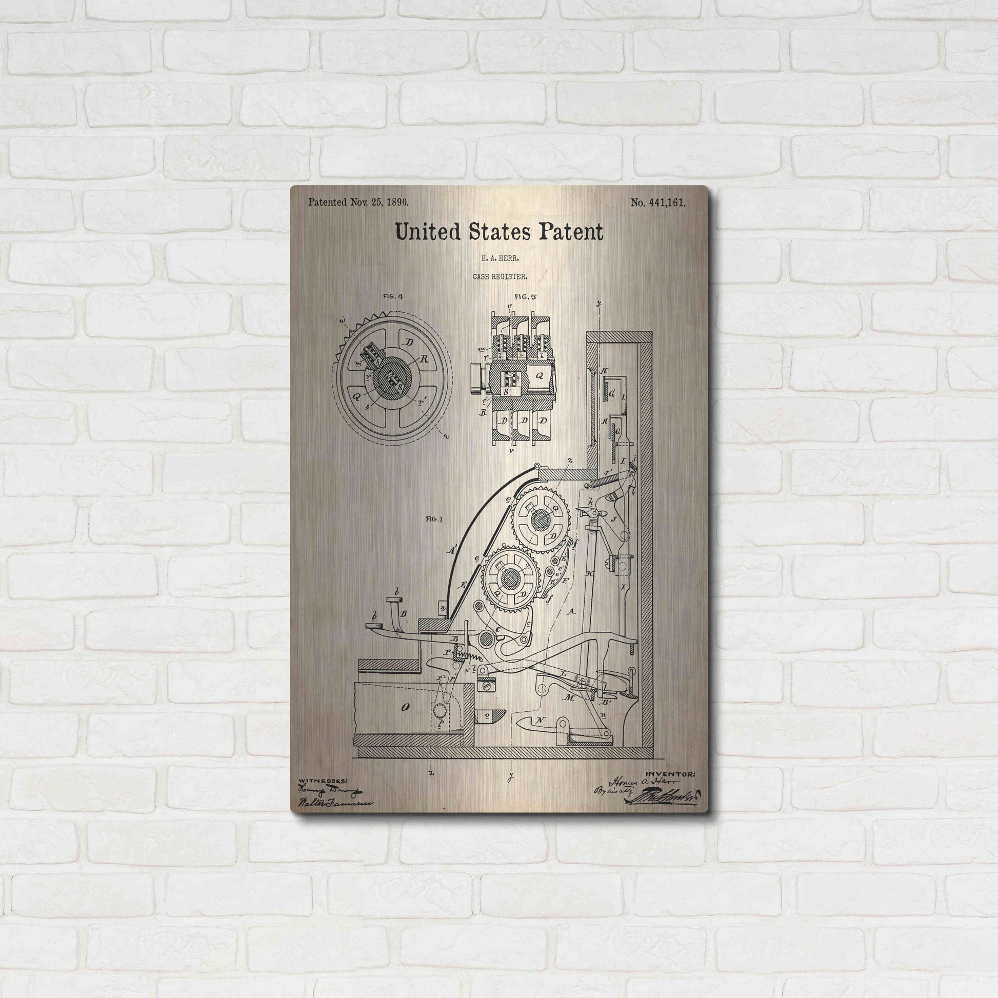 Luxe Metal Art 'Cash Register Blueprint Patent Parchment,' Metal Wall Art,24x36