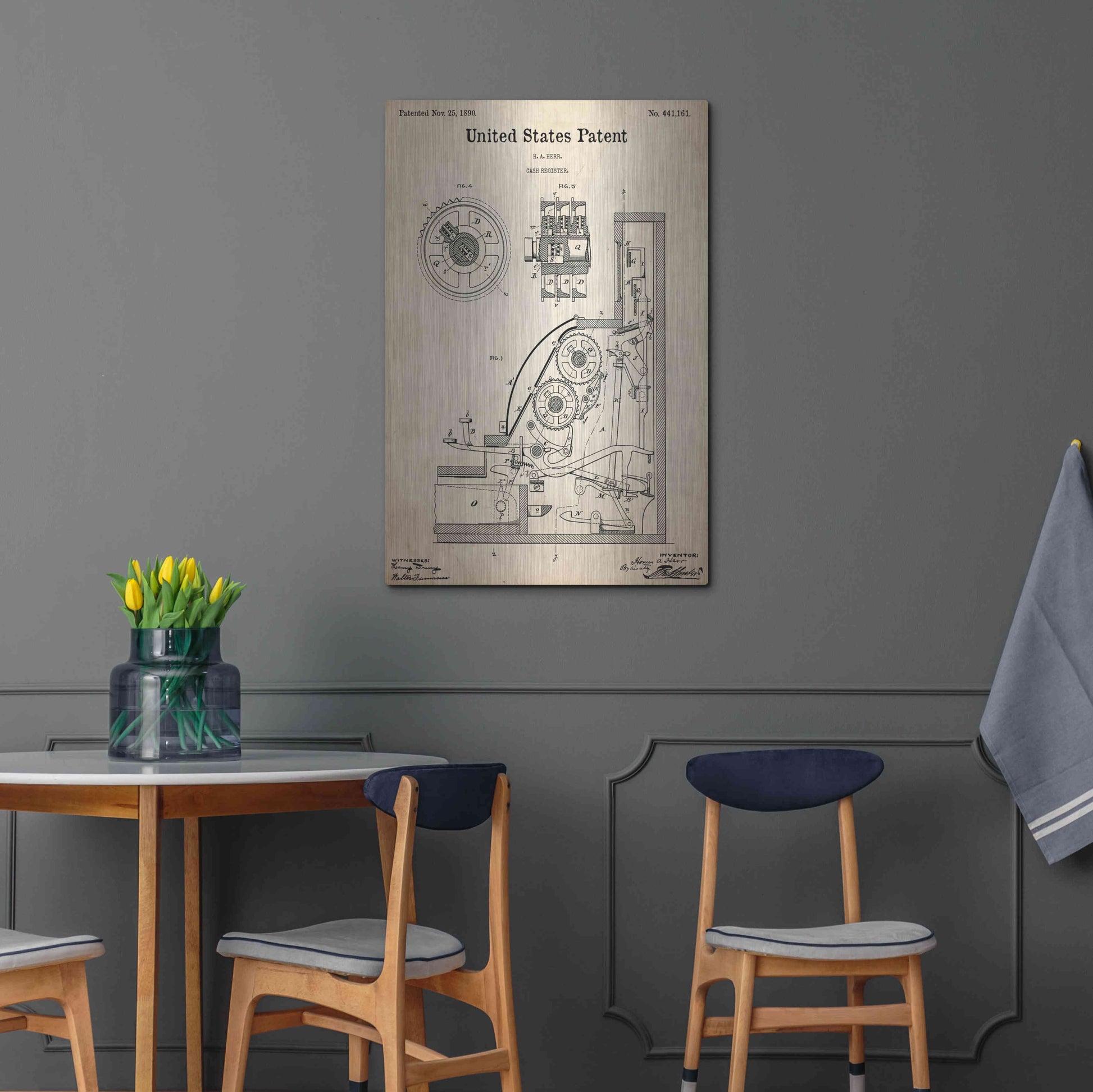 Luxe Metal Art 'Cash Register Blueprint Patent Parchment,' Metal Wall Art,24x36