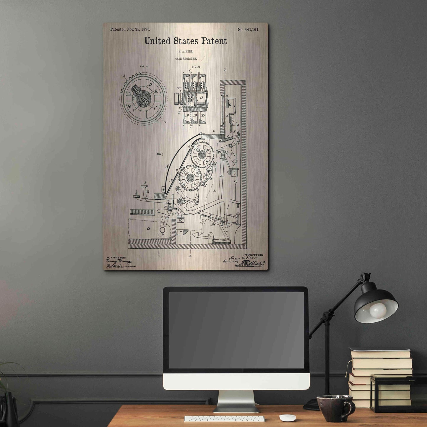 Luxe Metal Art 'Cash Register Blueprint Patent Parchment,' Metal Wall Art,24x36