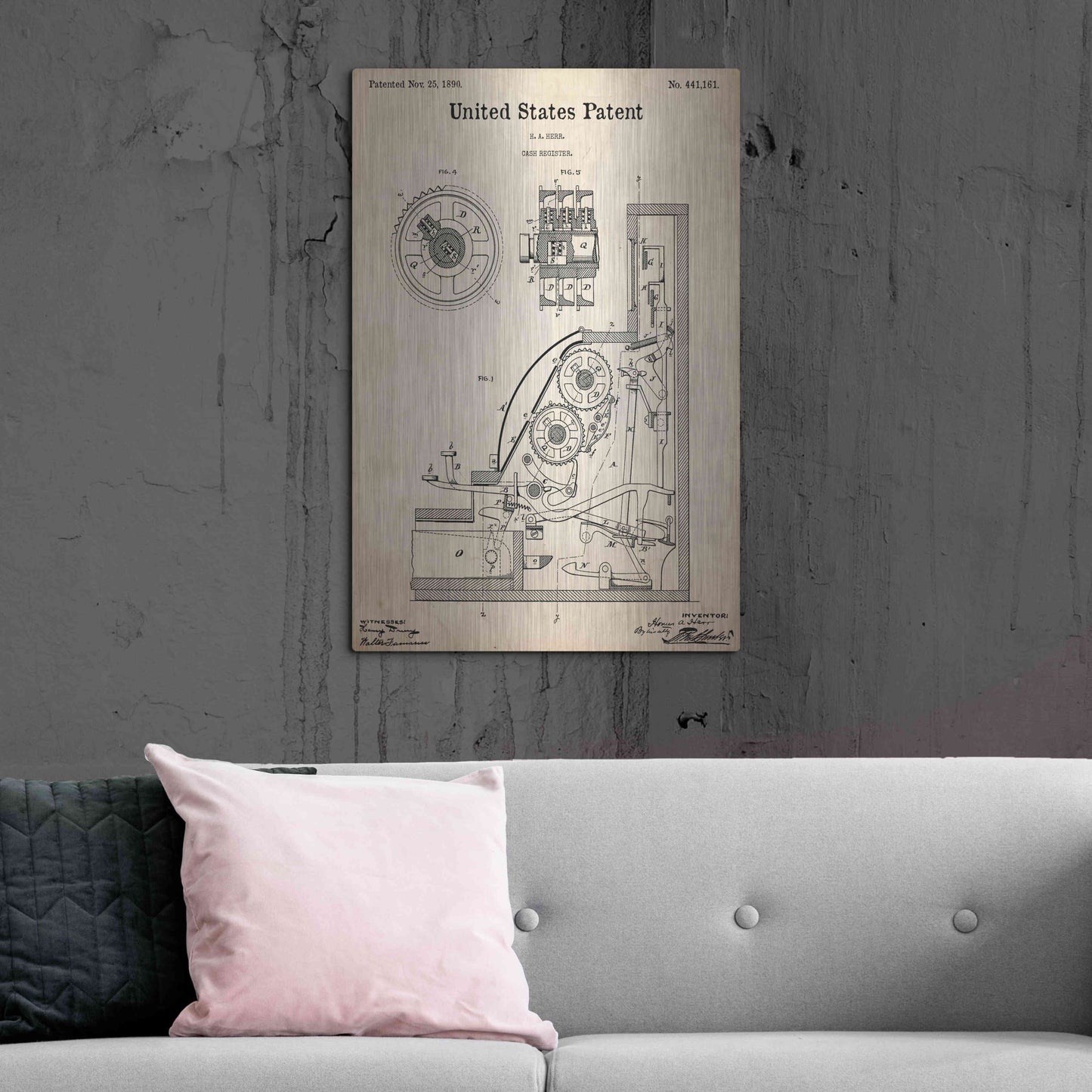 Luxe Metal Art 'Cash Register Blueprint Patent Parchment,' Metal Wall Art,24x36