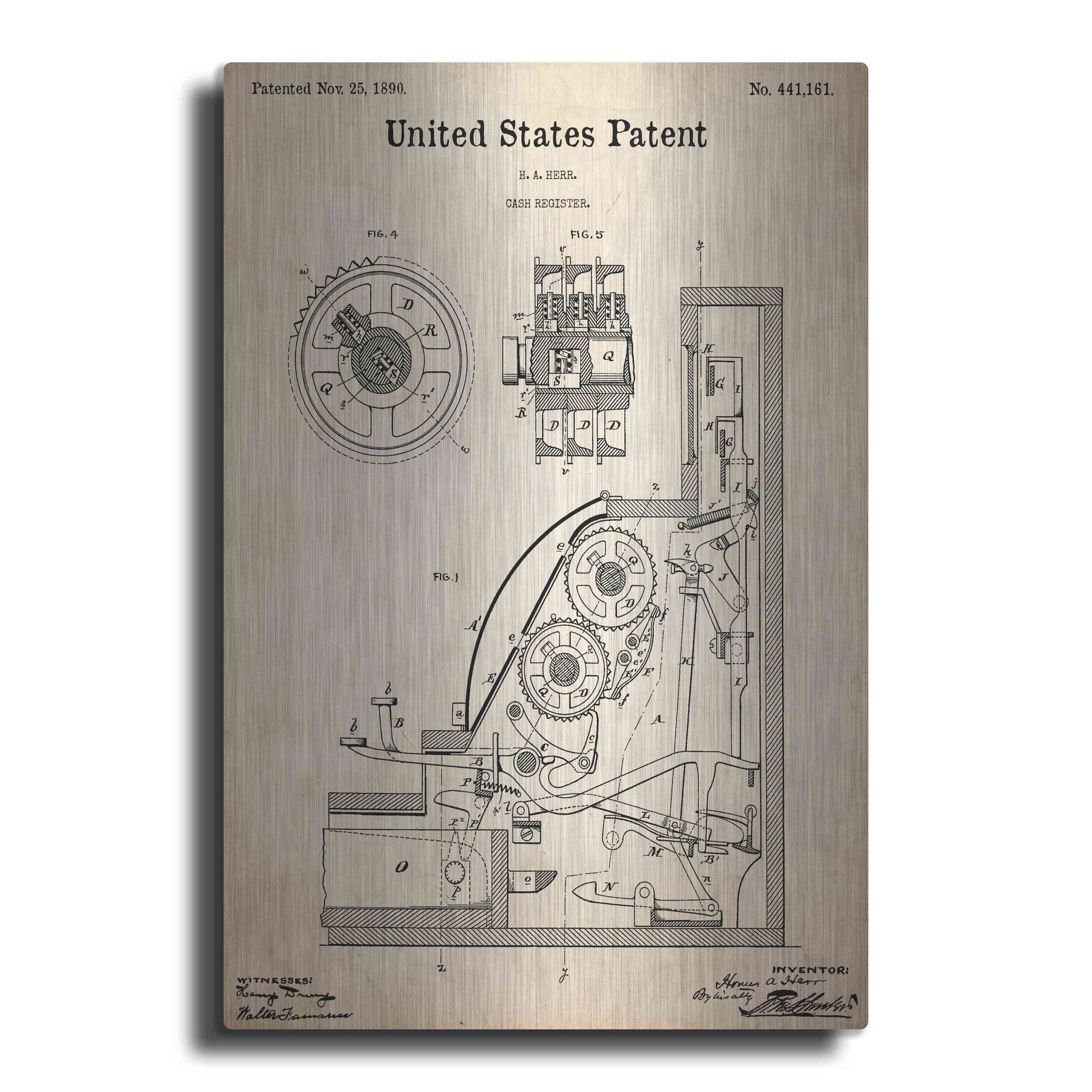 Luxe Metal Art 'Cash Register Blueprint Patent Parchment,' Metal Wall Art