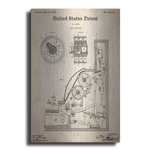 Luxe Metal Art 'Cash Register Blueprint Patent Parchment,' Metal Wall Art