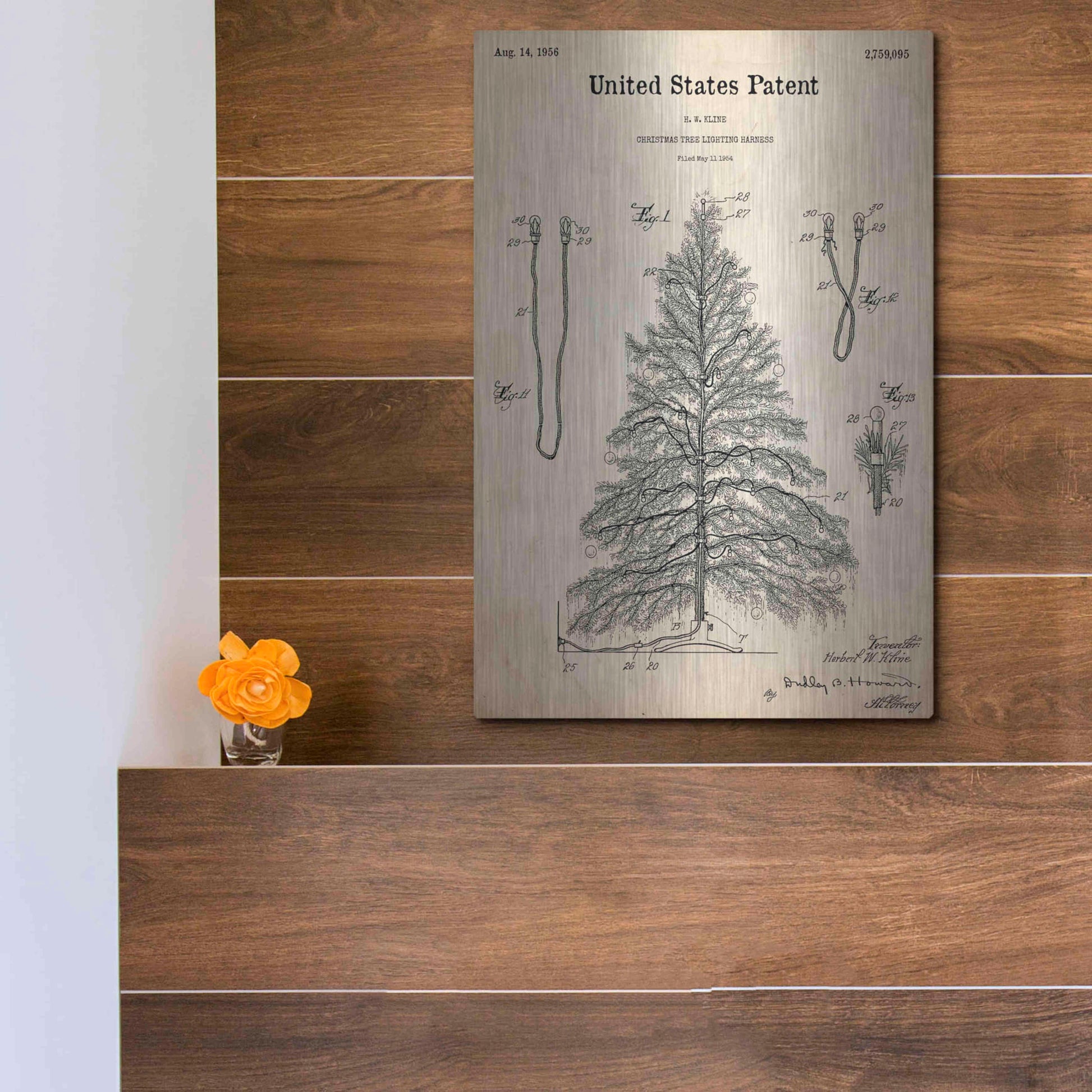 Luxe Metal Art 'Artificial Christmas Tree Blueprint Patent Parchment,' Metal Wall Art,12x16