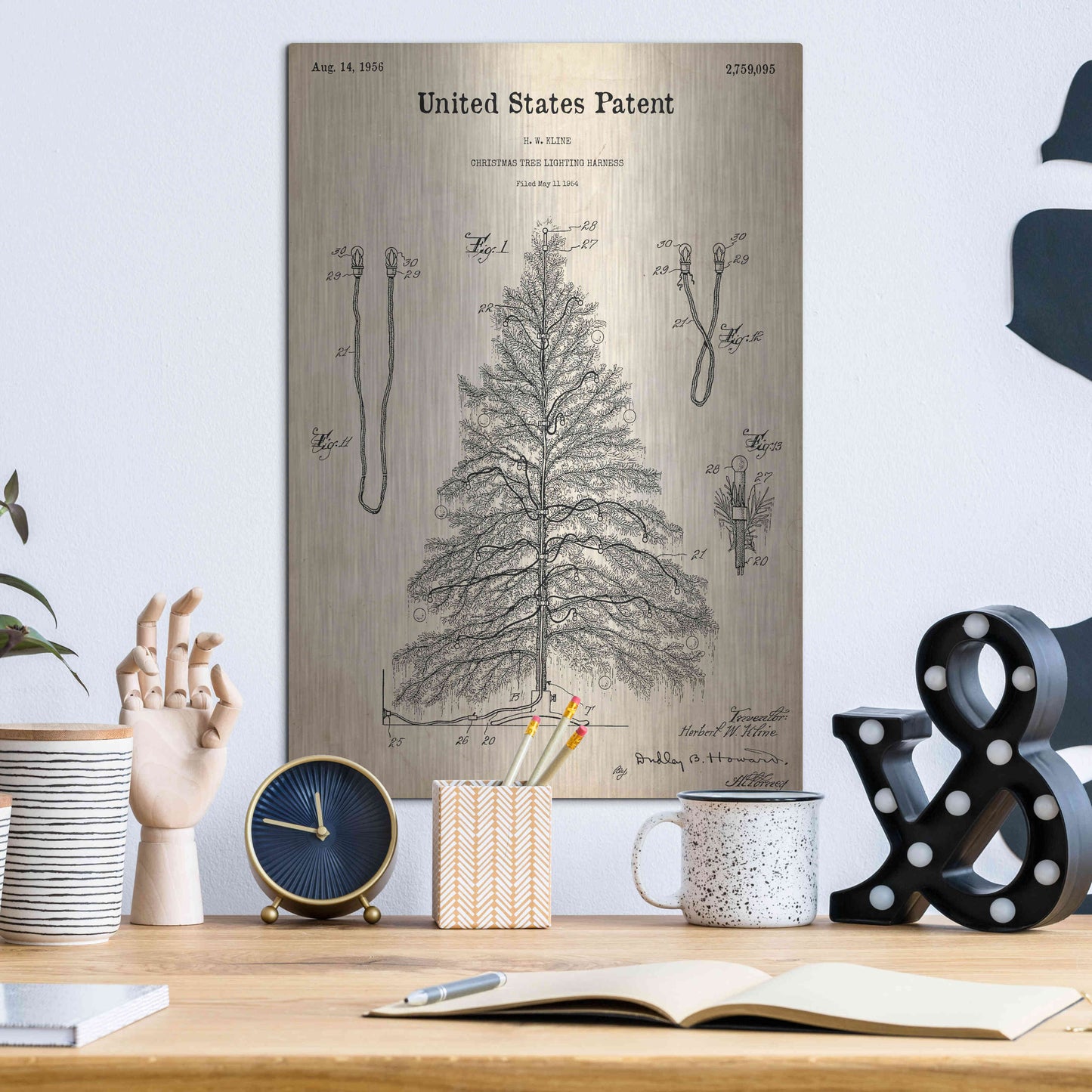 Luxe Metal Art 'Artificial Christmas Tree Blueprint Patent Parchment,' Metal Wall Art,12x16