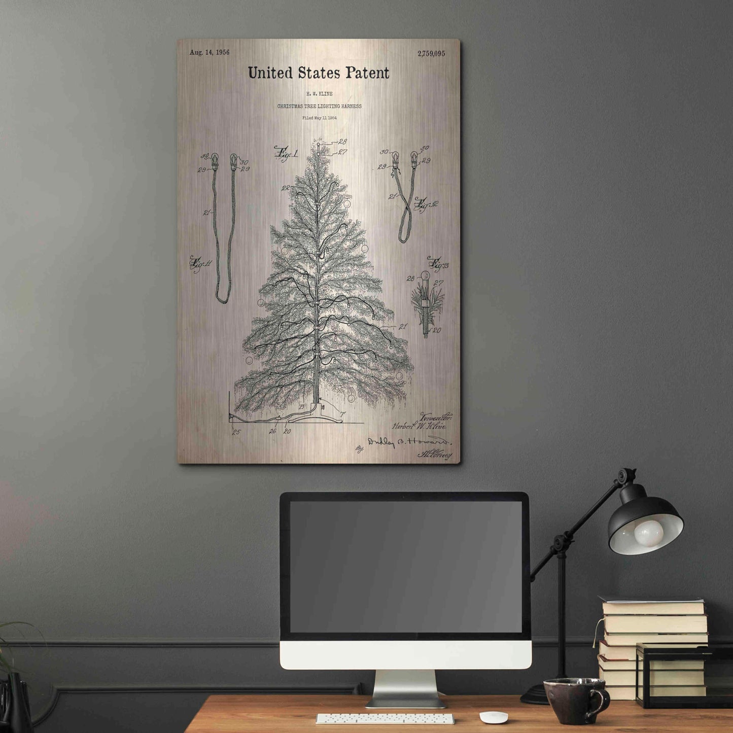 Luxe Metal Art 'Artificial Christmas Tree Blueprint Patent Parchment,' Metal Wall Art,24x36