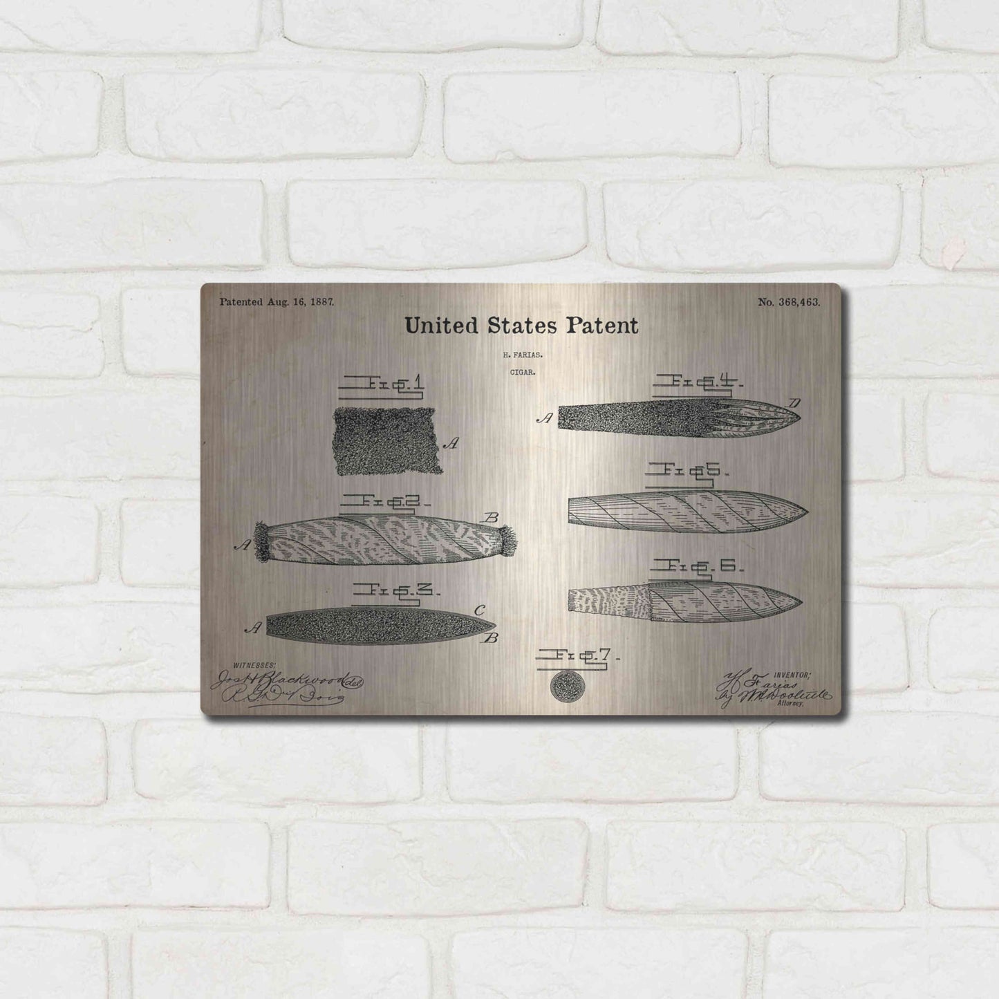 Luxe Metal Art 'Cigar Blueprint Patent Parchment,' Metal Wall Art,16x12