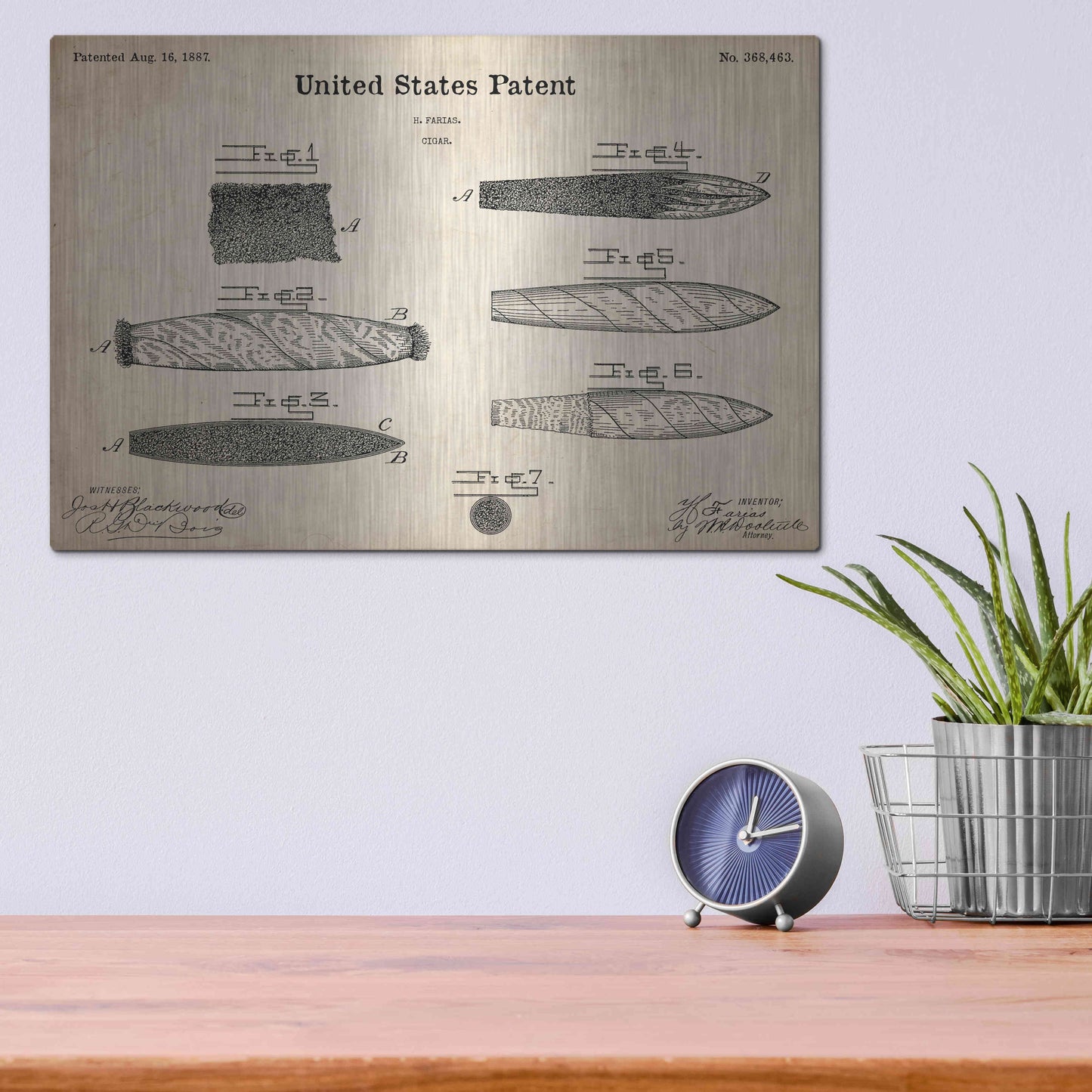 Luxe Metal Art 'Cigar Blueprint Patent Parchment,' Metal Wall Art,16x12