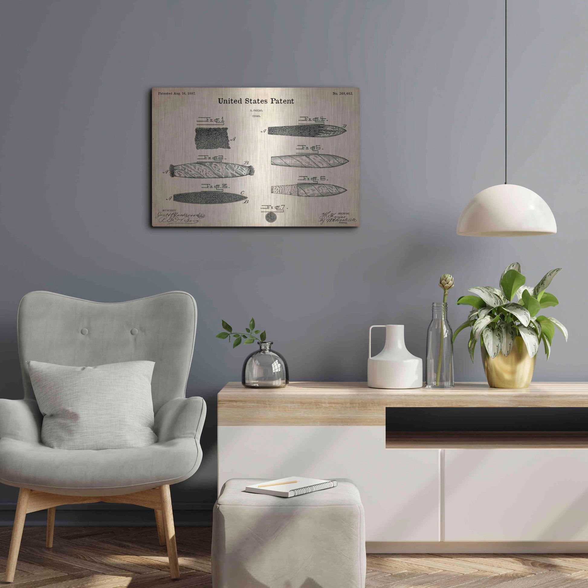 Luxe Metal Art 'Cigar Blueprint Patent Parchment,' Metal Wall Art,24x16