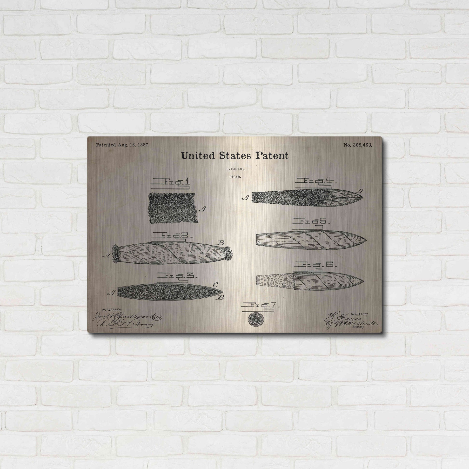 Luxe Metal Art 'Cigar Blueprint Patent Parchment,' Metal Wall Art,36x24