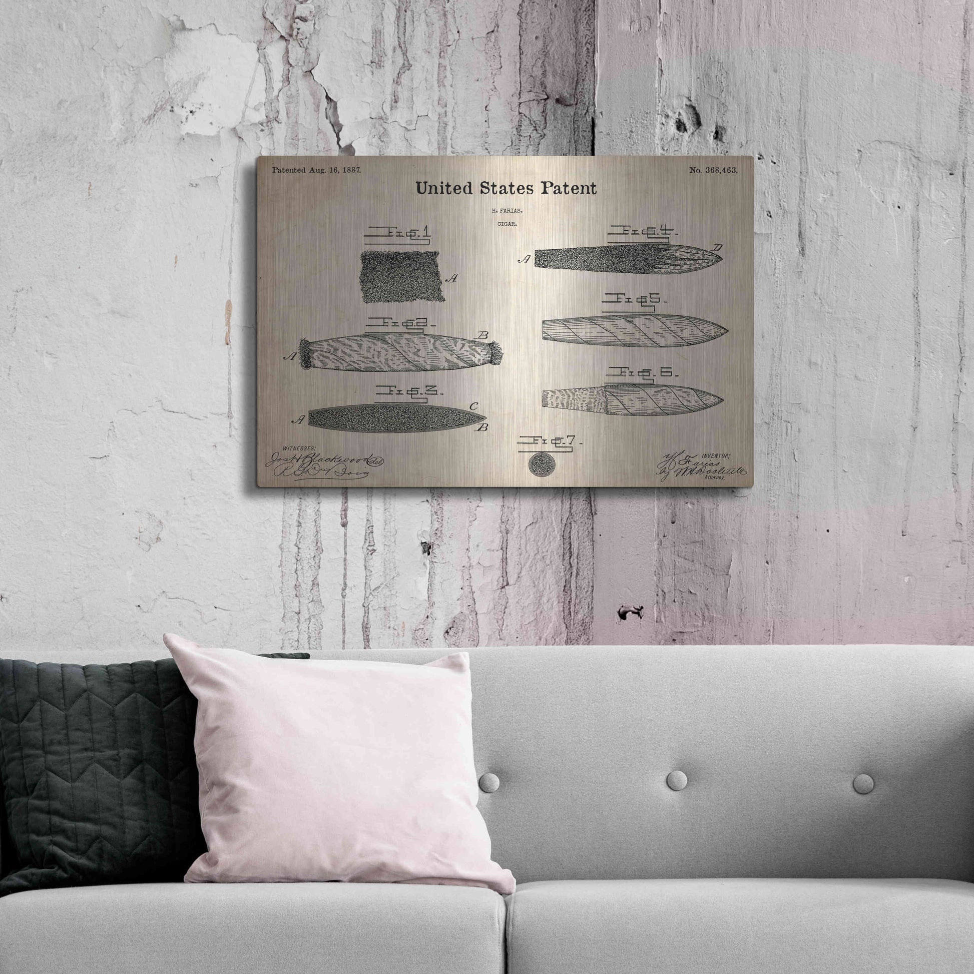 Luxe Metal Art 'Cigar Blueprint Patent Parchment,' Metal Wall Art,36x24