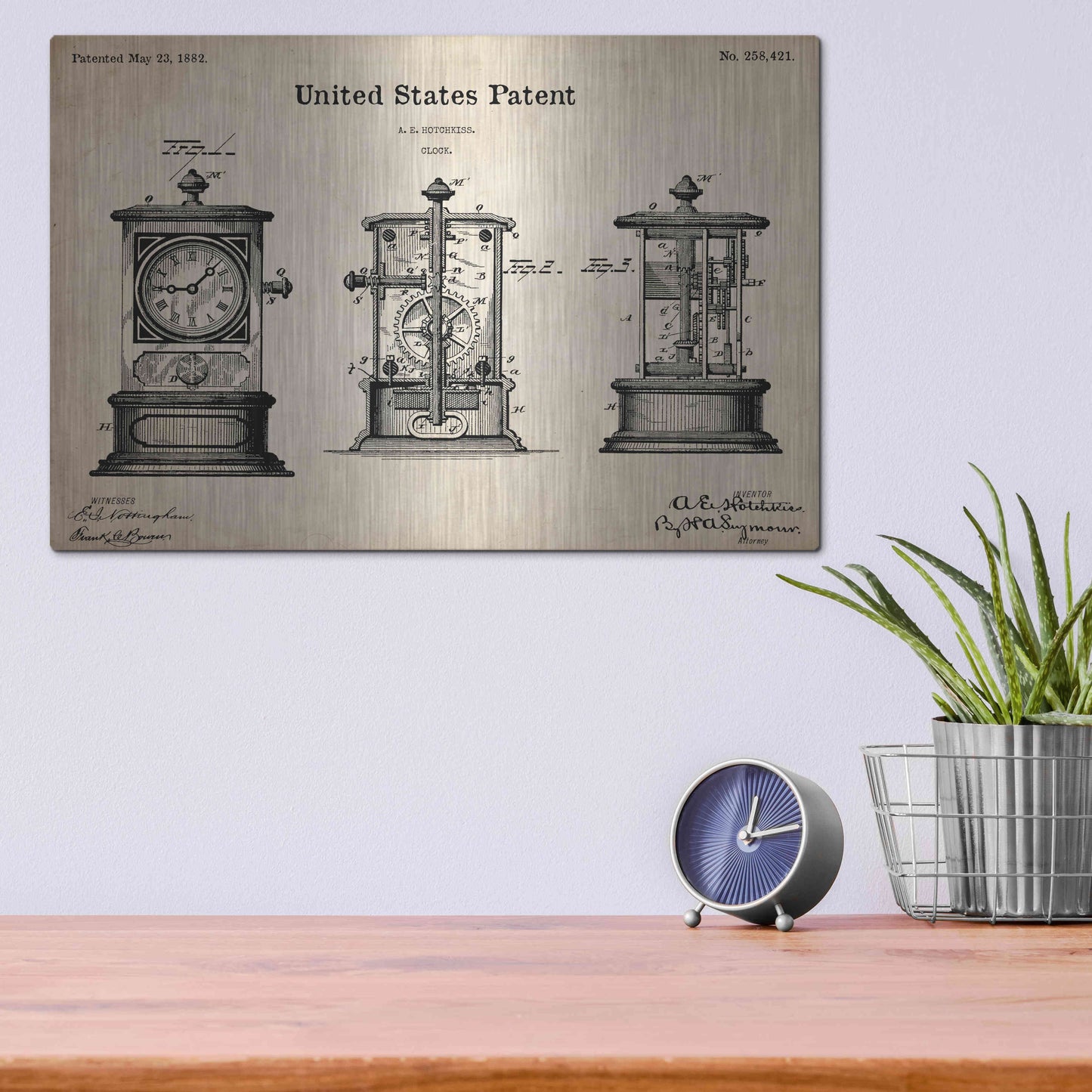 Luxe Metal Art 'Clock Blueprint Patent Parchment,' Metal Wall Art,16x12