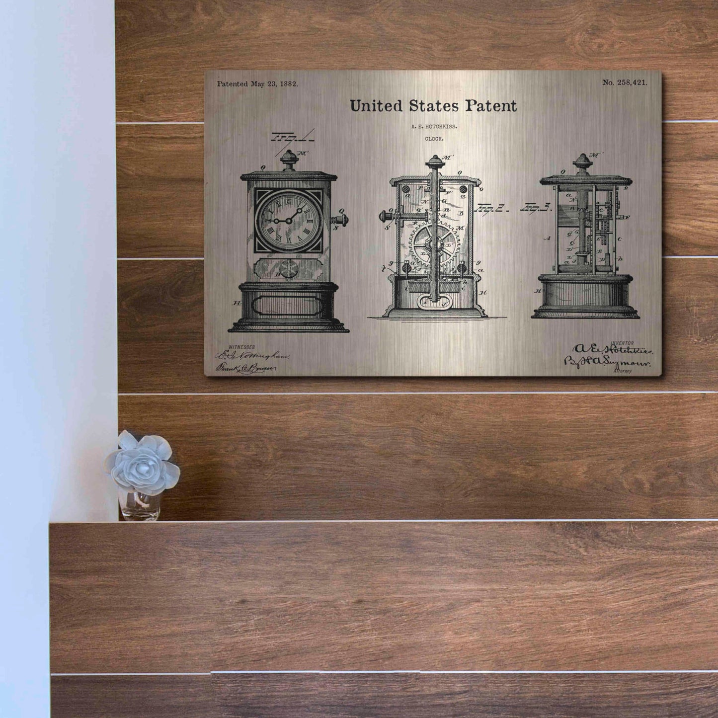 Luxe Metal Art 'Clock Blueprint Patent Parchment,' Metal Wall Art,16x12