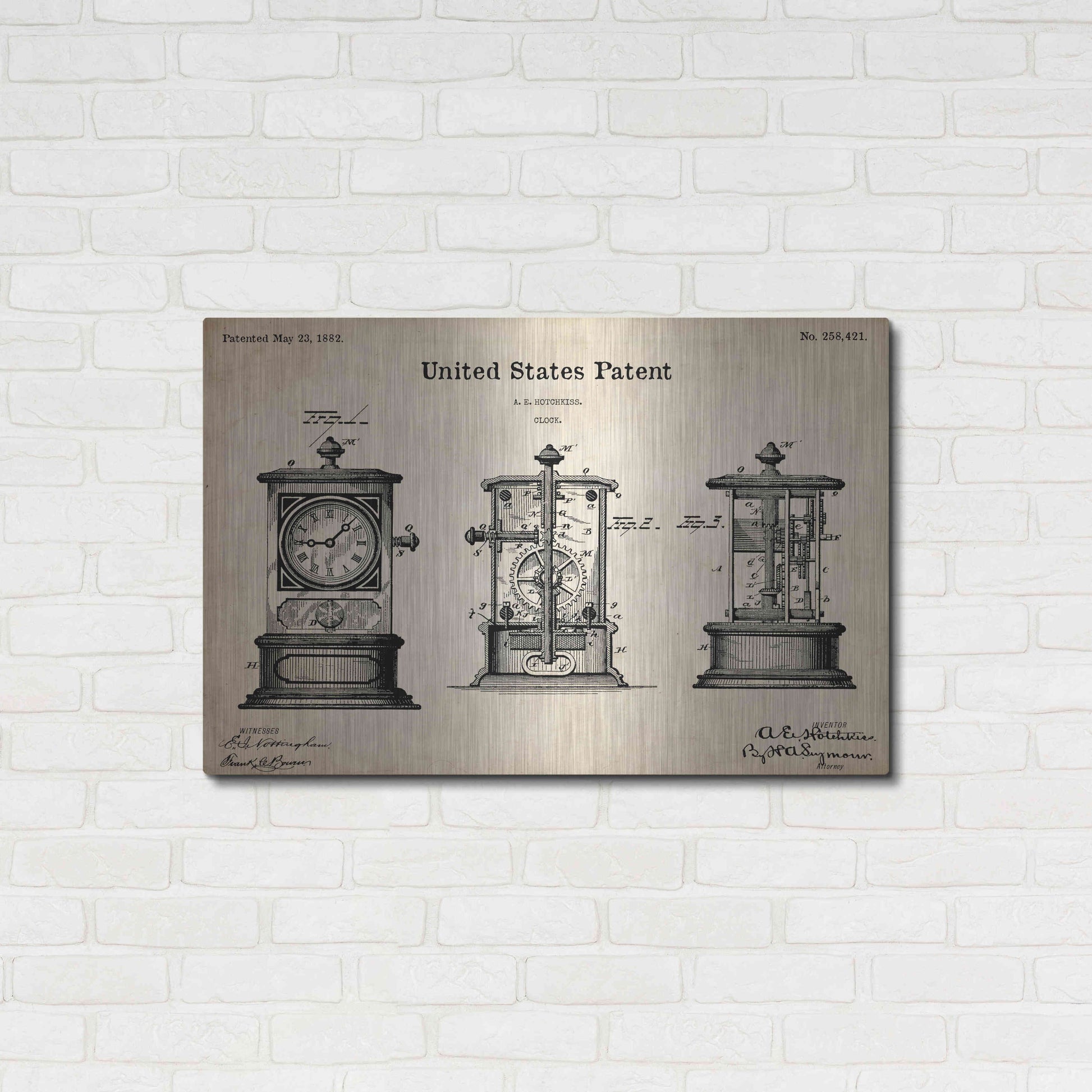 Luxe Metal Art 'Clock Blueprint Patent Parchment,' Metal Wall Art,36x24