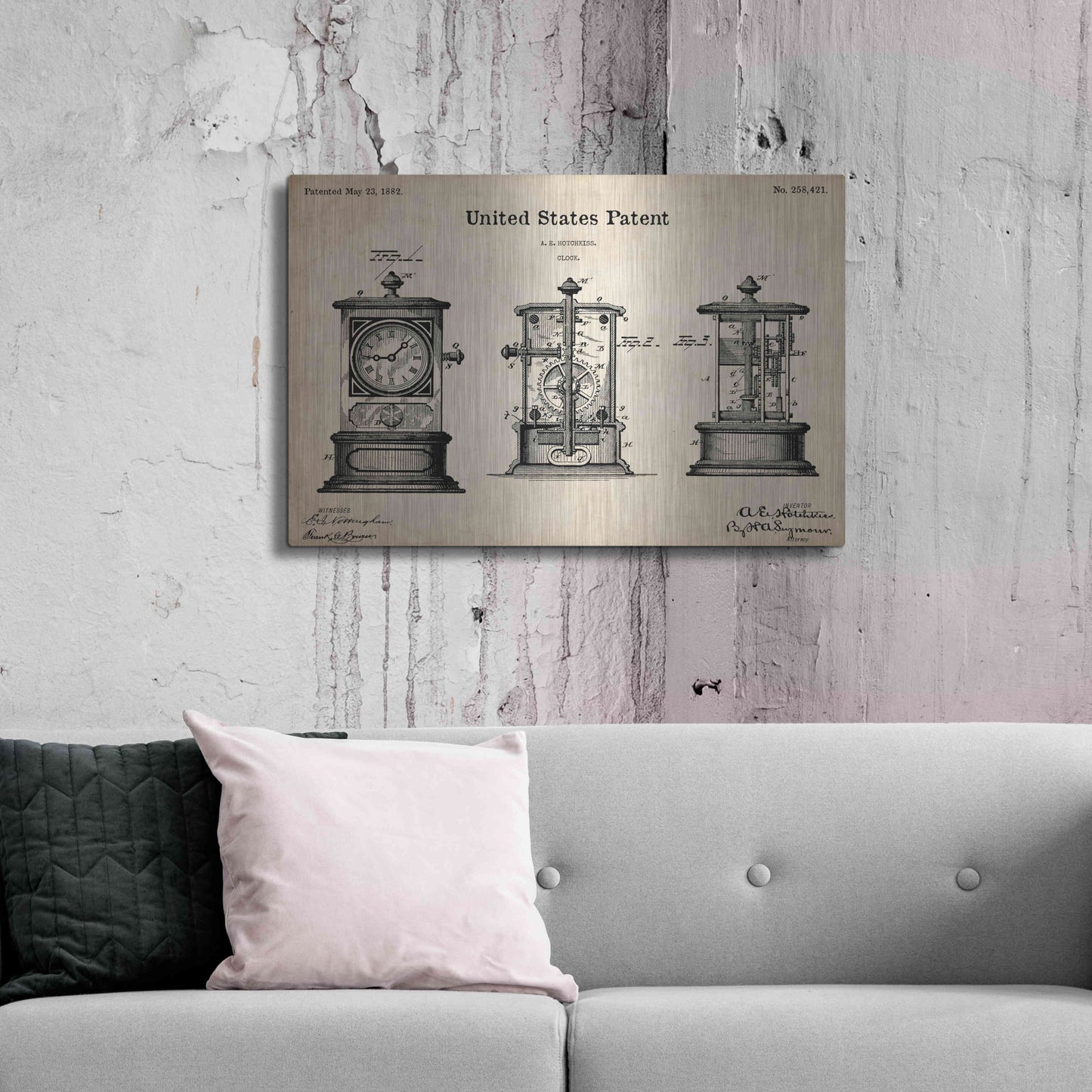 Luxe Metal Art 'Clock Blueprint Patent Parchment,' Metal Wall Art,36x24