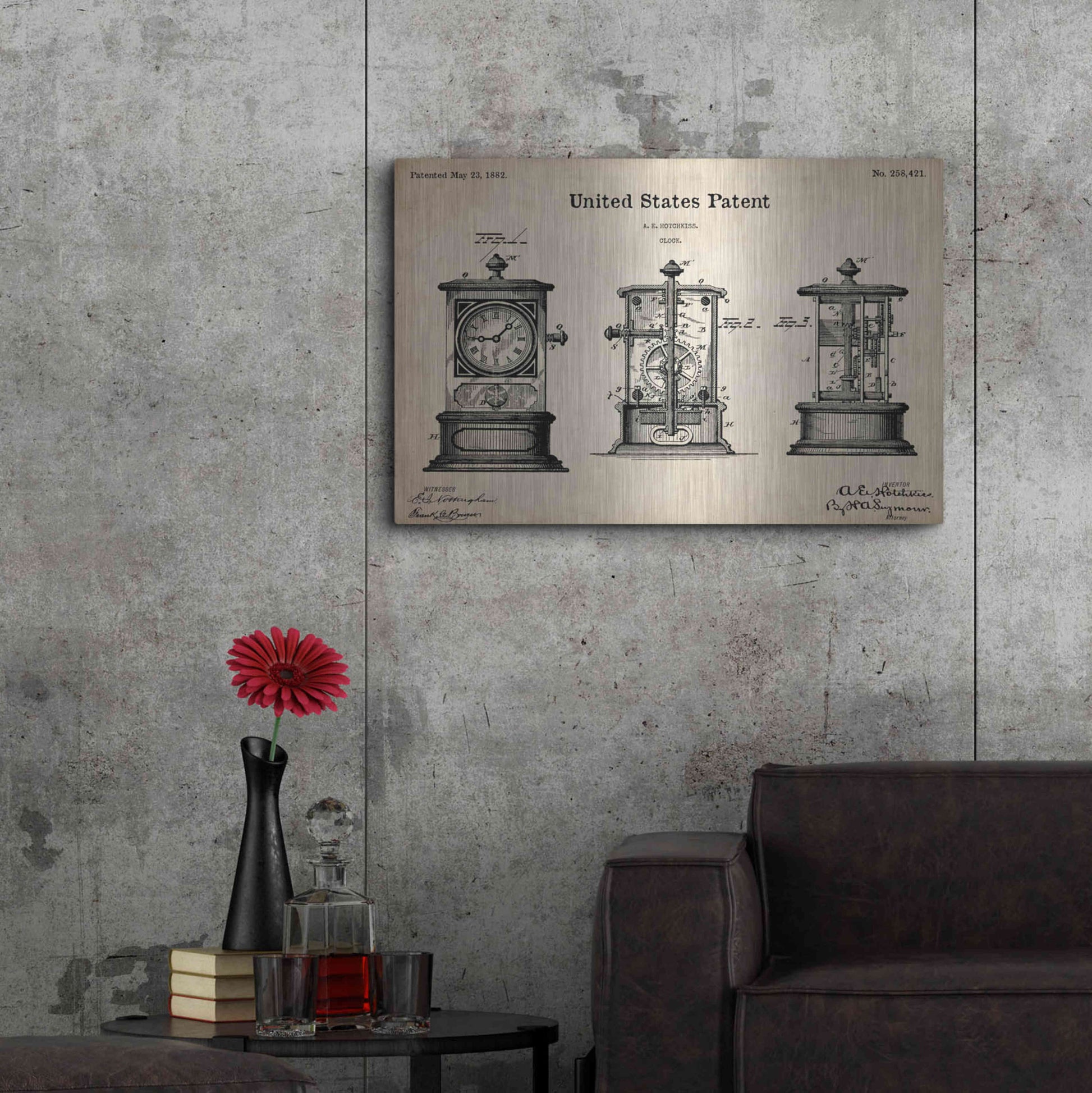 Luxe Metal Art 'Clock Blueprint Patent Parchment,' Metal Wall Art,36x24