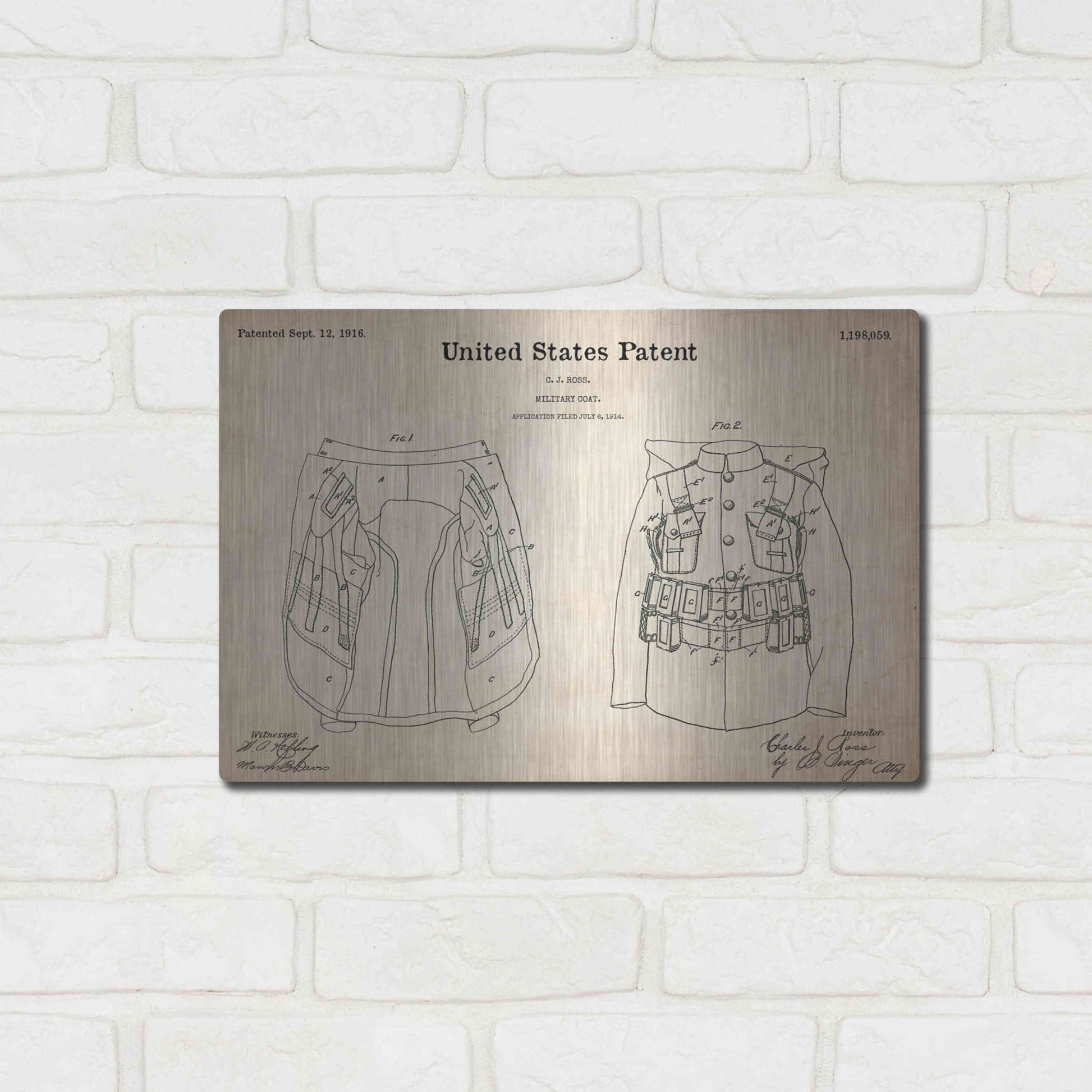 Luxe Metal Art 'Military Coat Blueprint Patent Parchment,' Metal Wall Art,16x12