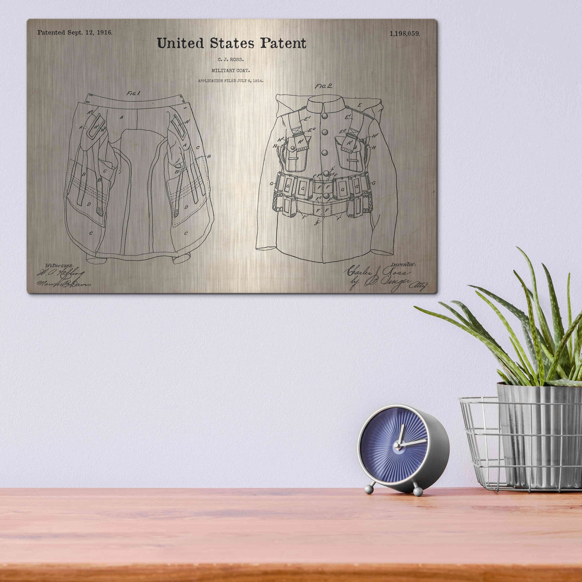 Luxe Metal Art 'Military Coat Blueprint Patent Parchment,' Metal Wall Art,16x12