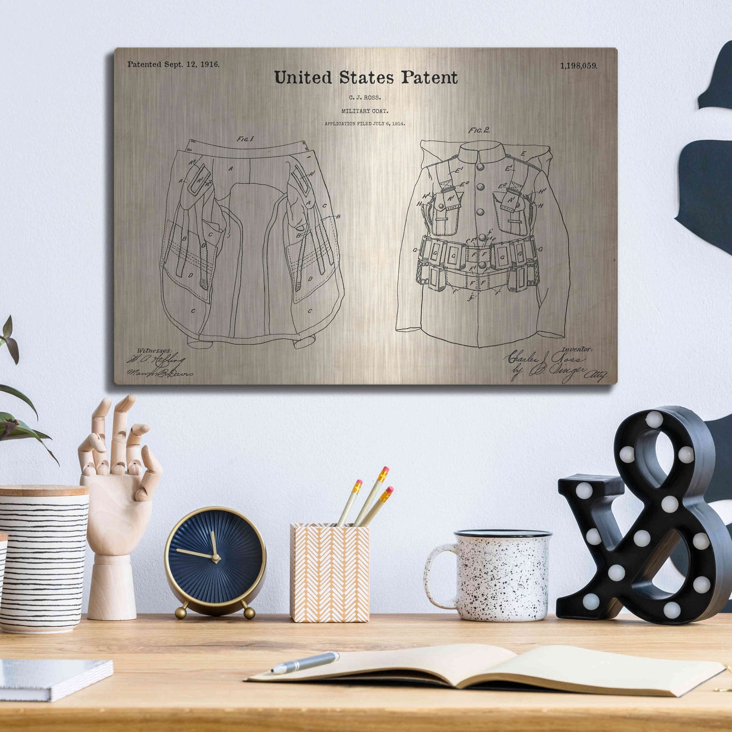 Luxe Metal Art 'Military Coat Blueprint Patent Parchment,' Metal Wall Art,16x12