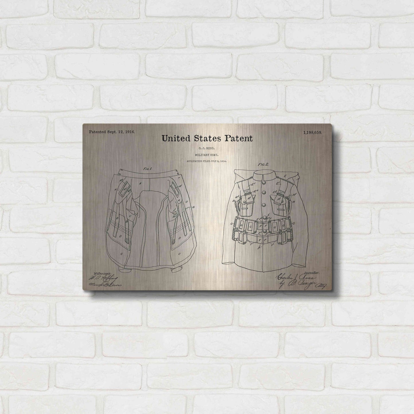 Luxe Metal Art 'Military Coat Blueprint Patent Parchment,' Metal Wall Art,24x16