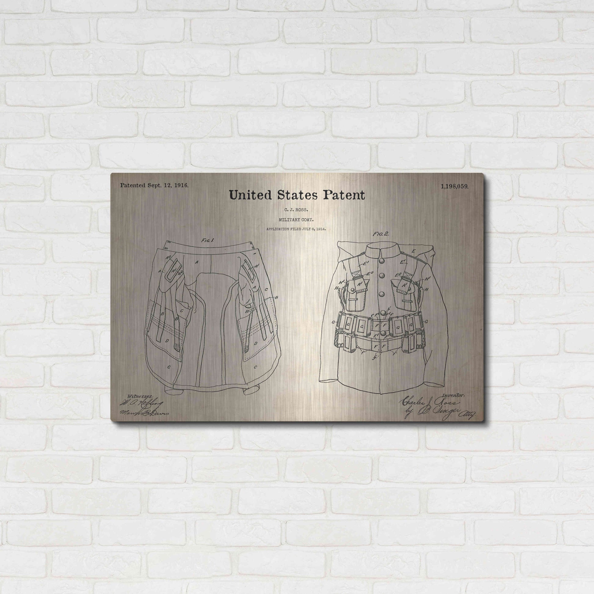 Luxe Metal Art 'Military Coat Blueprint Patent Parchment,' Metal Wall Art,36x24