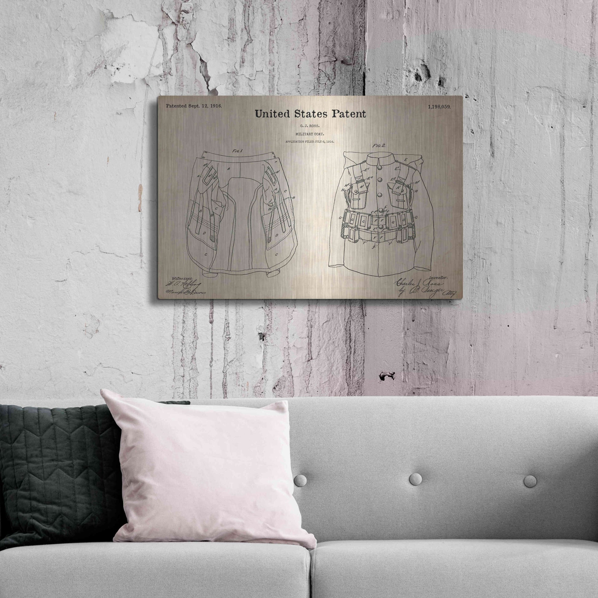 Luxe Metal Art 'Military Coat Blueprint Patent Parchment,' Metal Wall Art,36x24