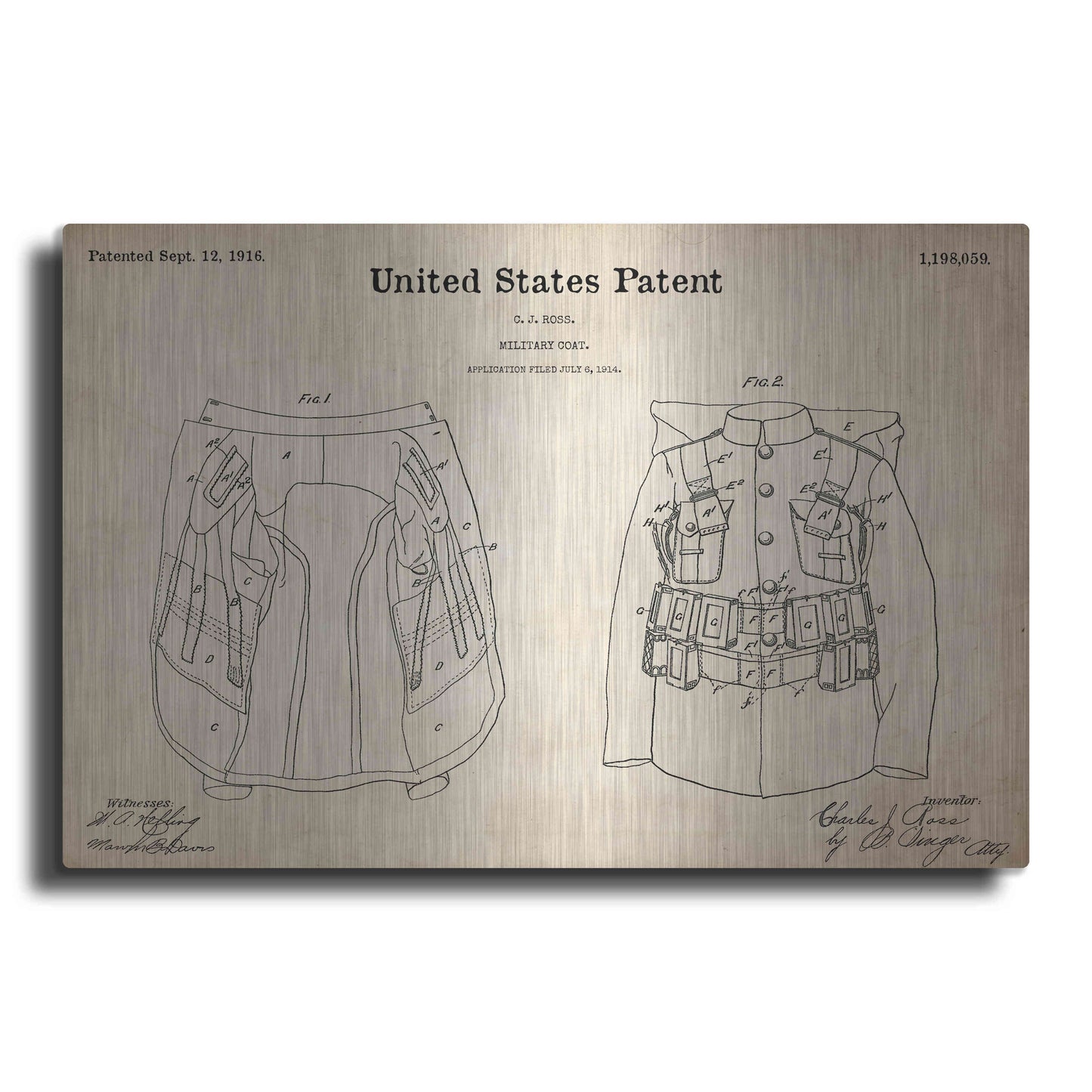 Luxe Metal Art 'Military Coat Blueprint Patent Parchment,' Metal Wall Art