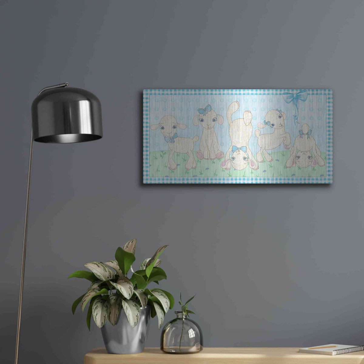 'Baby Shower Blue Lambs' by Elyse DeNeige – Metal Wall Art, 24x12 room view