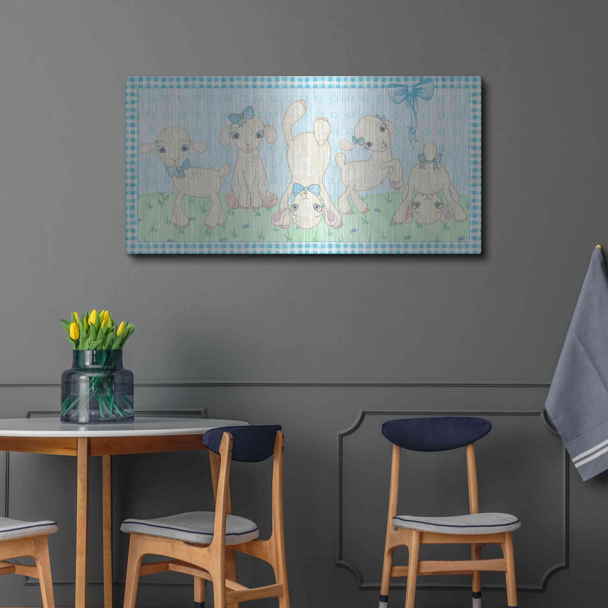 'Baby Shower Blue Lambs' by Elyse DeNeige – Metal Wall Art, 48x24 room view