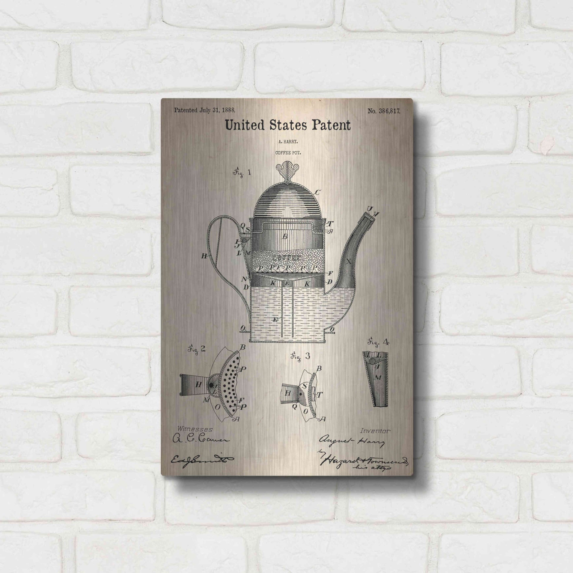 Luxe Metal Art 'Coffee Pot Blueprint Patent Parchment,' Metal Wall Art,12x16