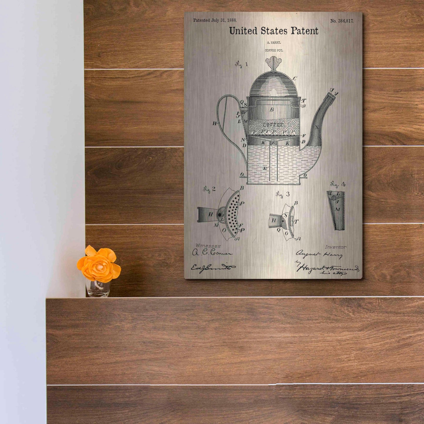 Luxe Metal Art 'Coffee Pot Blueprint Patent Parchment,' Metal Wall Art,12x16