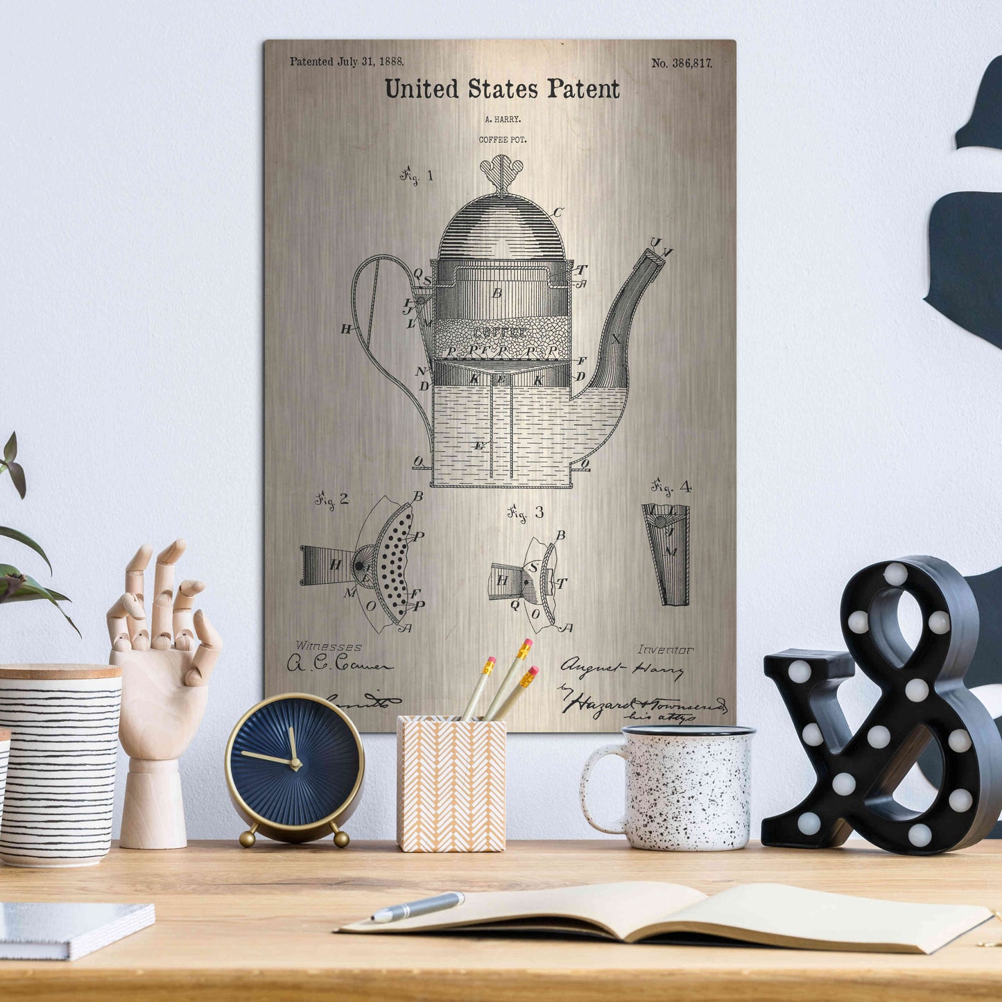 Luxe Metal Art 'Coffee Pot Blueprint Patent Parchment,' Metal Wall Art,12x16